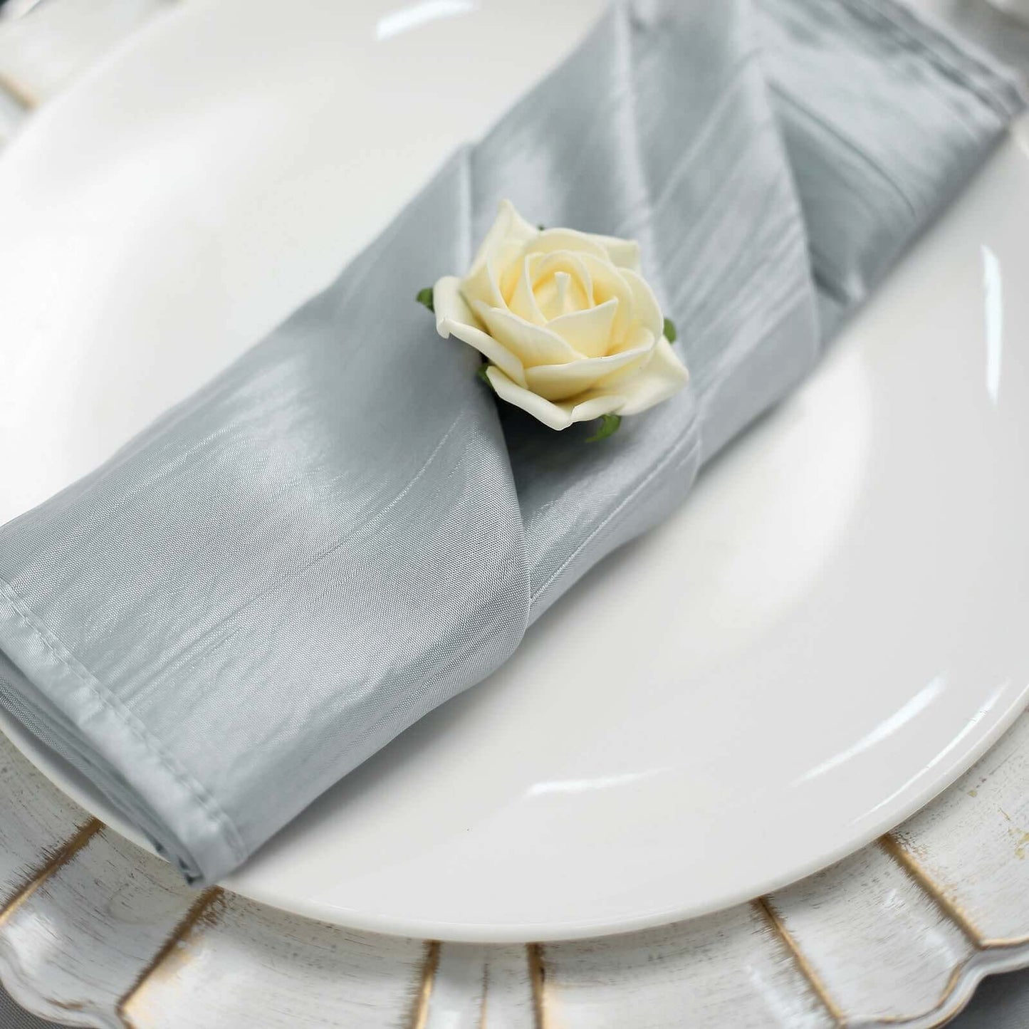 5 Pack Taffeta 20"x20" Napkins Silver - Accordion Crinkle Dinner Napkins
