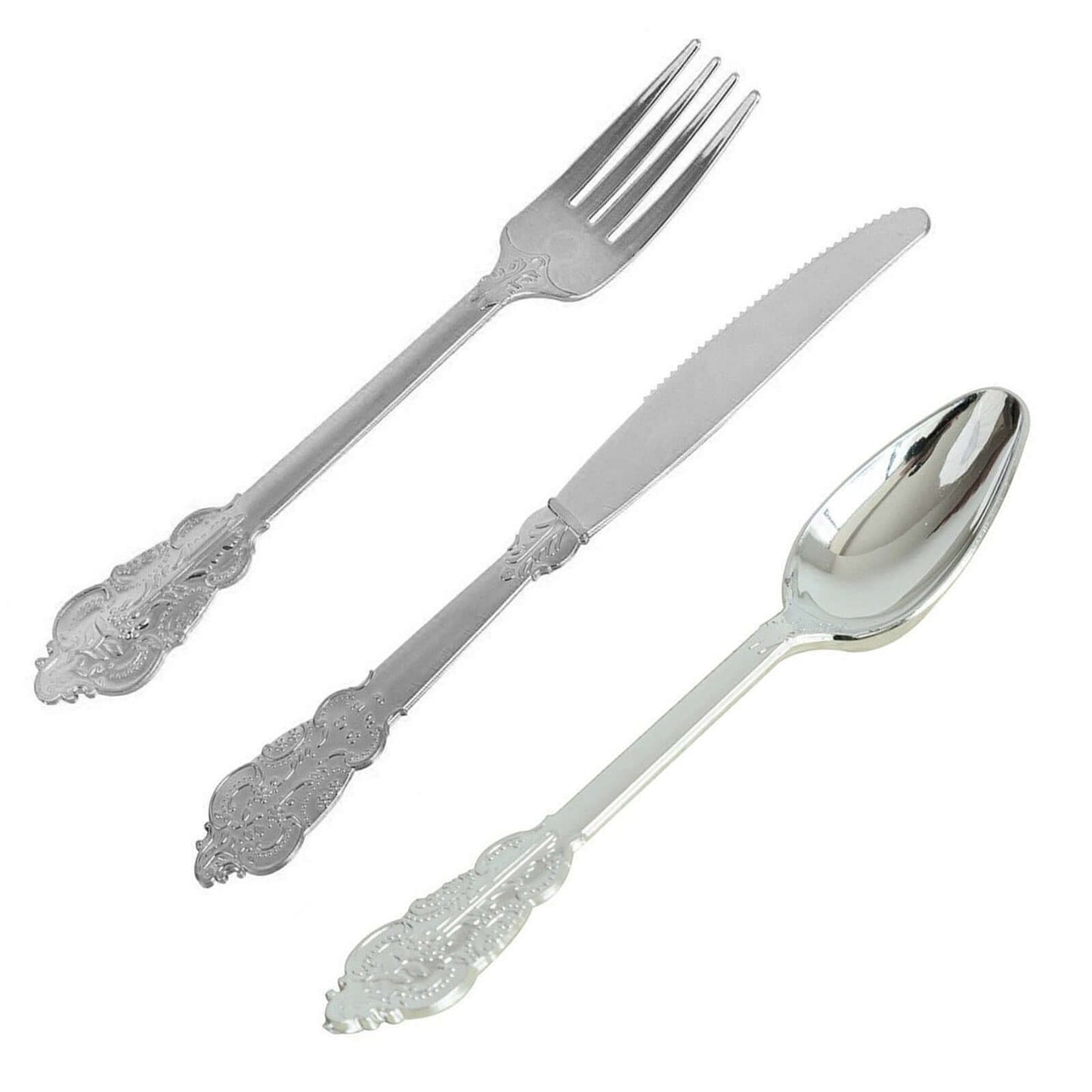 24 Pcs Plastic Silverware Set in Baroque Style Metallic Silver - Heavy Duty Disposable Knife, Fork, and Spoon Set