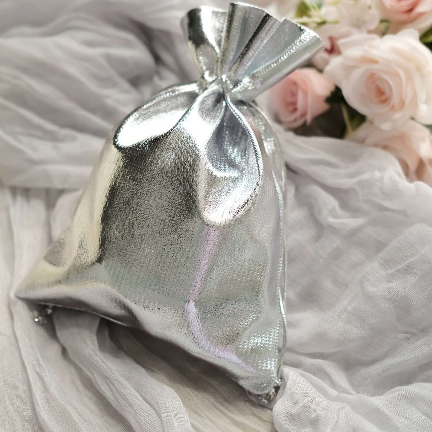 10 Pack Metallic Silver Lame Polyester 5"x7" Party Favor Gift Bags, Shiny Fabric Drawstring Candy Pouch