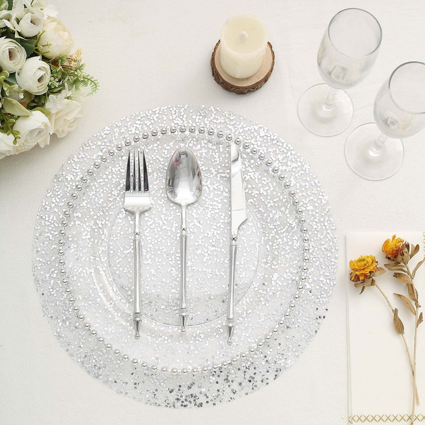 10-Pack Table Placemats Sequin Design Metallic Silver Round - Mesh Disposable Dust-Free Dining Mats 13"