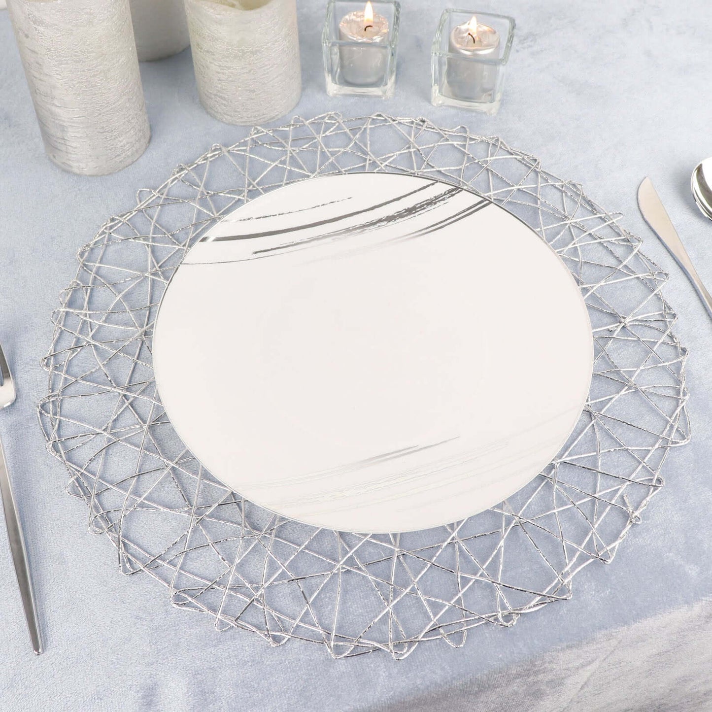 6-Pack Table Placemats Woven Fiber Design Silver Round - Disposable Mats for Dining and Events 15"