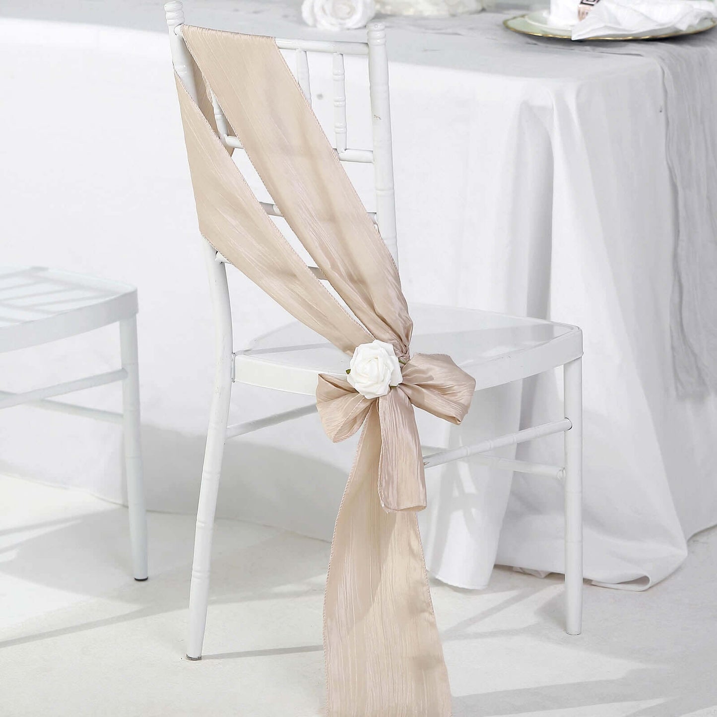 5 Pack Taffeta 6"x106" Chair Sashes Beige Accordion Crinkle Texture - Stylish Decor for Weddings & Gatherings