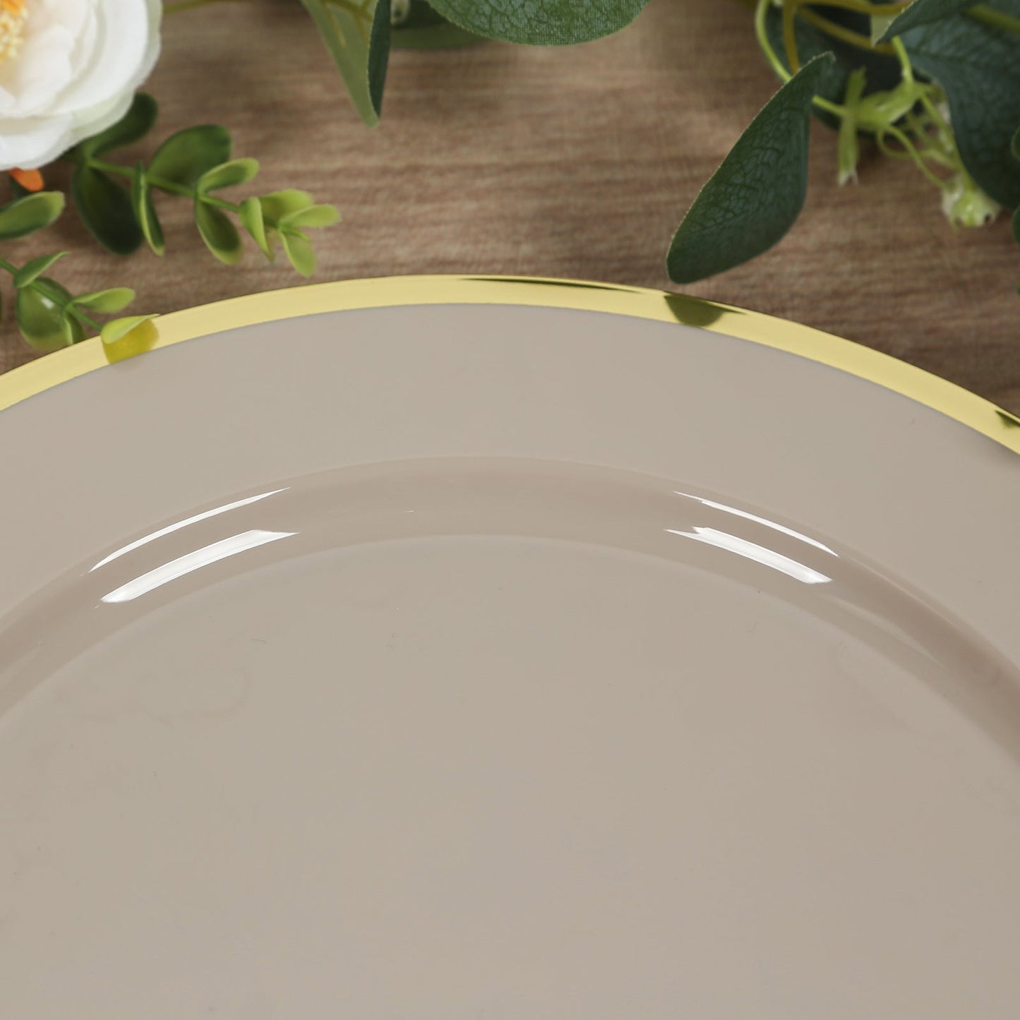 10 Pack Taupe Economy Plastic Charger Plates With Gold Rim, 12" Round Dinner Chargers Event Tabletop Decor