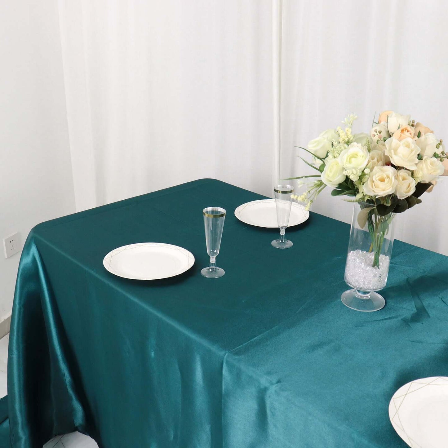 Satin Rectangular 90"x132" Tablecloth Peacock Teal - Seamless Table Cover
