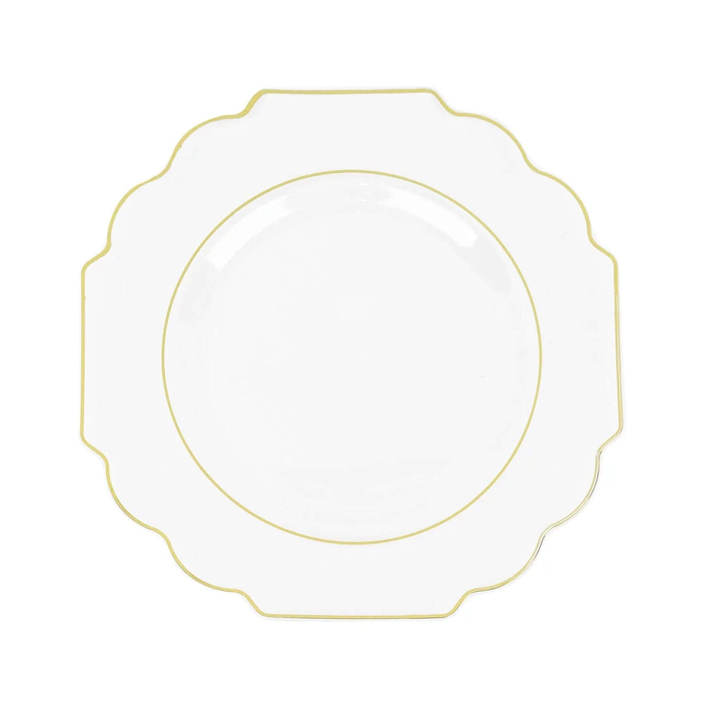 10-Pack Plastic Dessert Appetizer Plates in Clear Baroque Design with Scalloped Gold Rim - Heavy Duty Disposable Salad Plates 8"