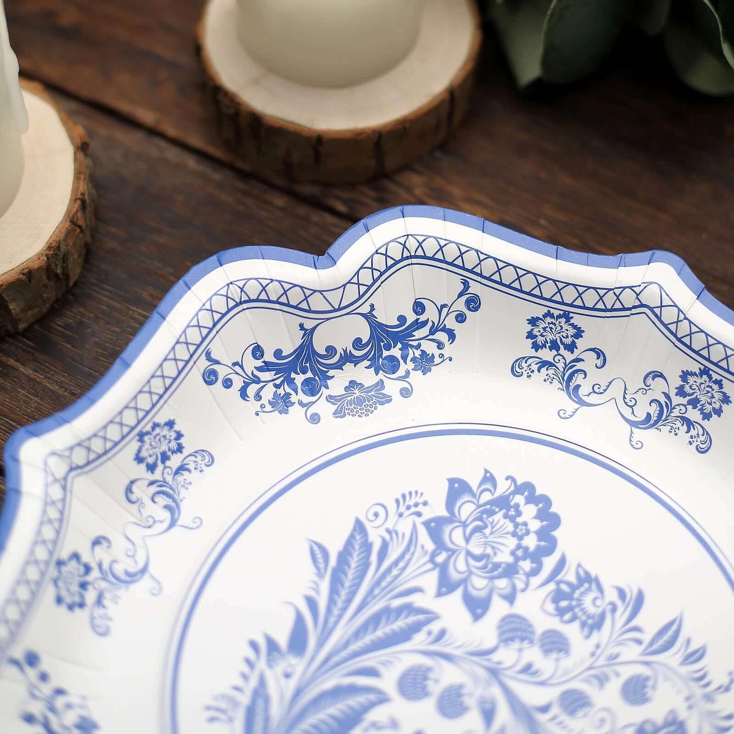 25-Pack Paper Dessert Plates in White with Light Blue Damask Floral Print & Scallop Rim - Stylish Disposable 300GSM Floral Salad Appetizer Plates 8"