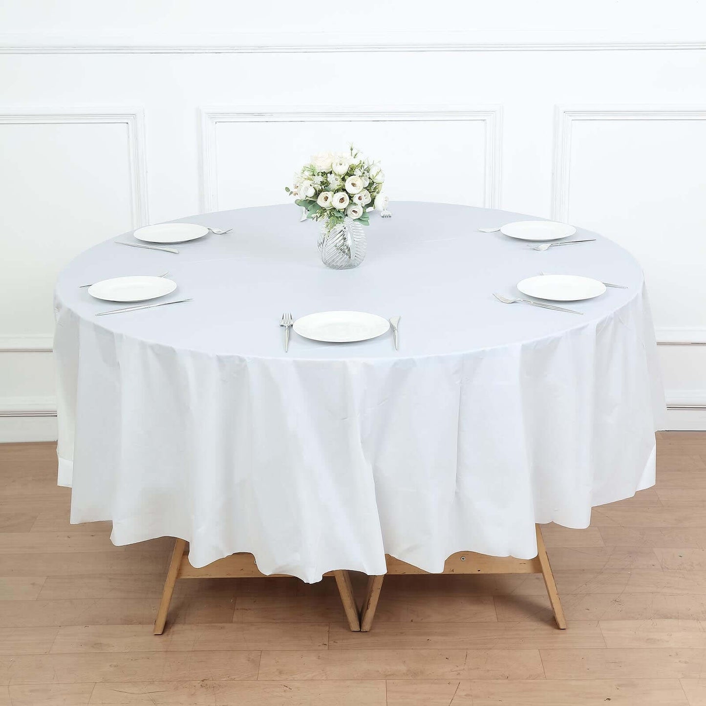 5-Pack Plastic Table Covers White Round - Durable PVC Disposable Tablecloths for Events 84"