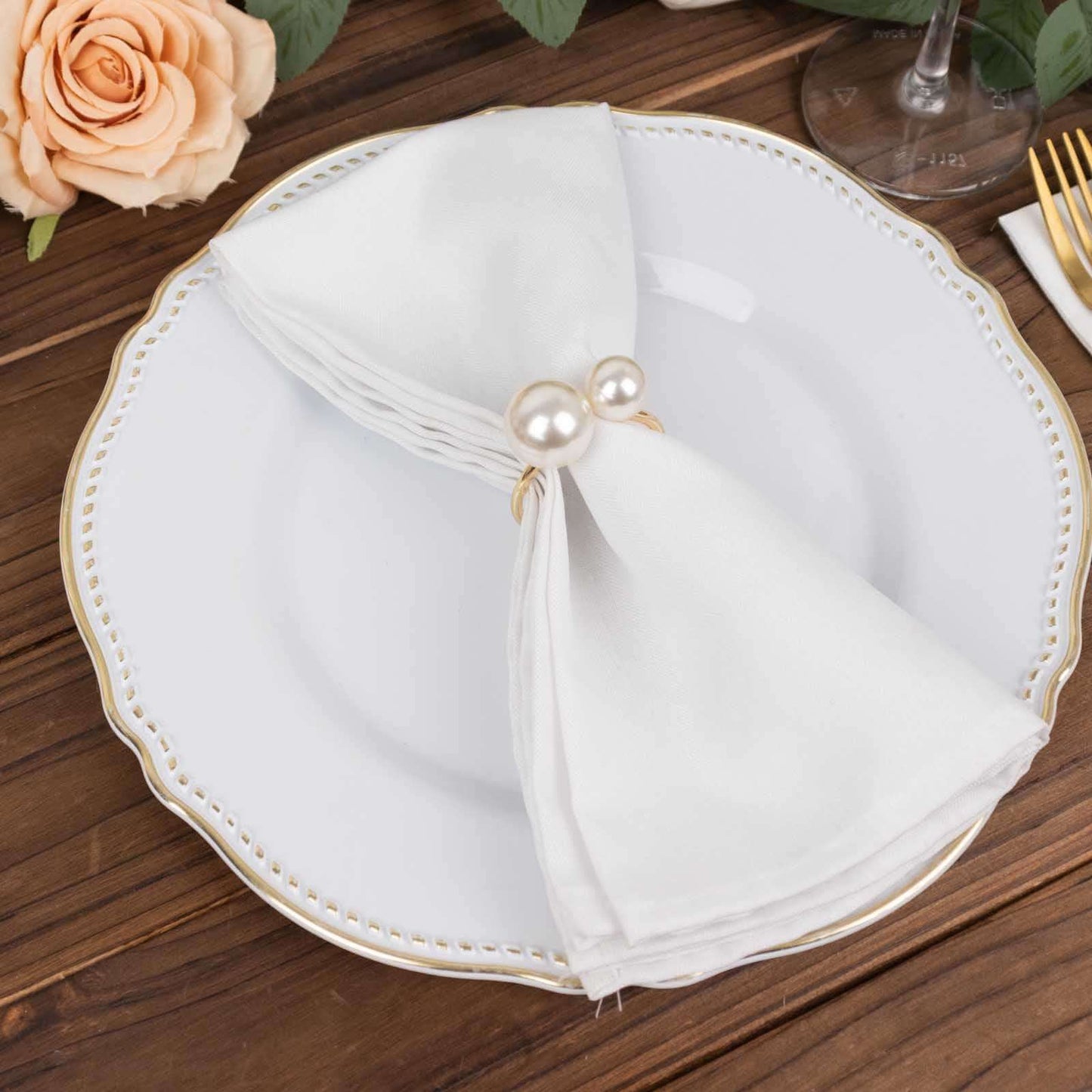 10 Pack White Pearl Gold Metal Napkin Holders Dining Table Decor, Elegant Round Wedding Napkin Rings - 2.5"