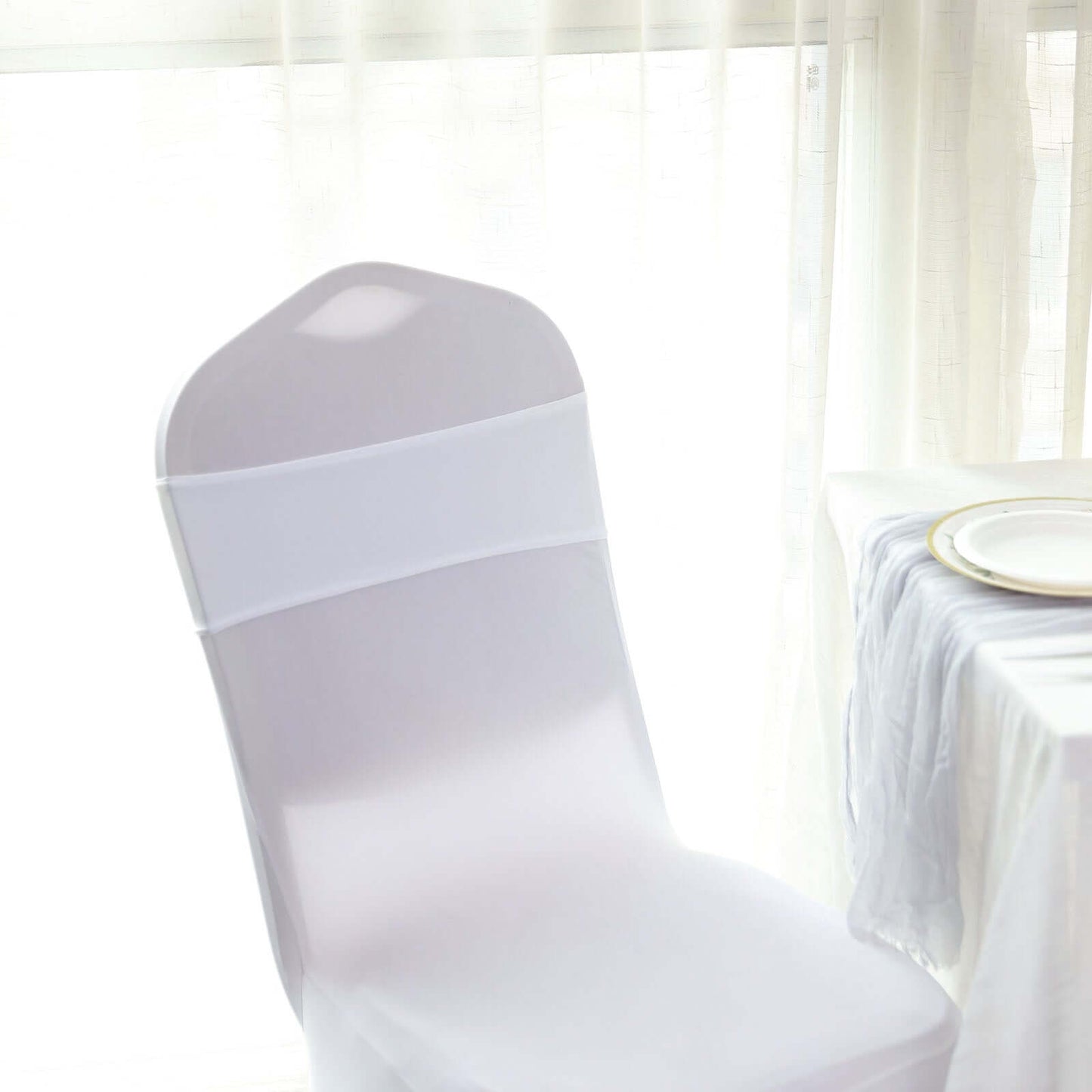 5 Pack Stretch Spandex Chair Sashes White - Classy Reusable Chair Bands with Silver Diamond Ring Slide Buckle 5"x14"