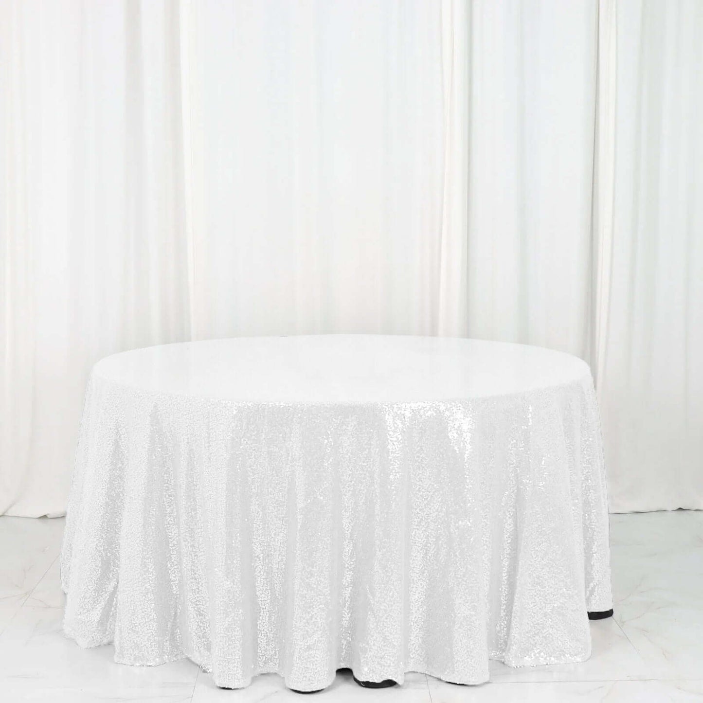 Sequin 120" Round Tablecloth White - Seamless Glittering Design for Sophisticated Events