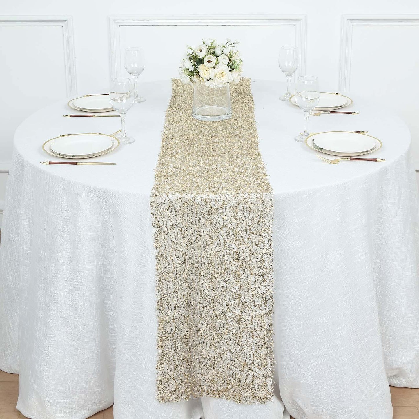 Mesh 12"x108" Table Runner Gold - Sequin Schiffli Lace Design for Stylish Celebrations