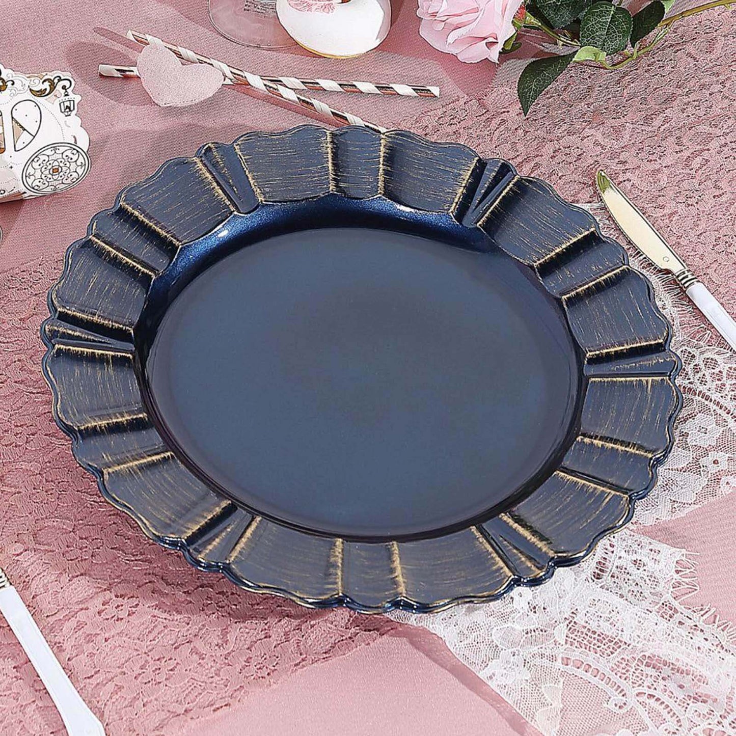 6-Pack Acrylic Plastic Round Charger Plates 13" in Navy Blue with Gold Brushed Wavy Scalloped Rim, Decorative Dinner Party Charger Tableware