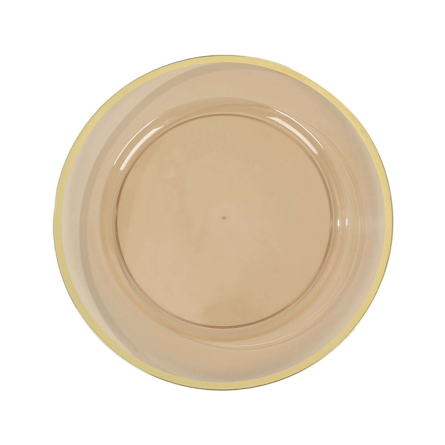 10-Pack Economy Plastic Round Charger Plates 12" in Transparent Amber Gold with Wide Gold Rim, Decorative Dinner Party Serving Plates