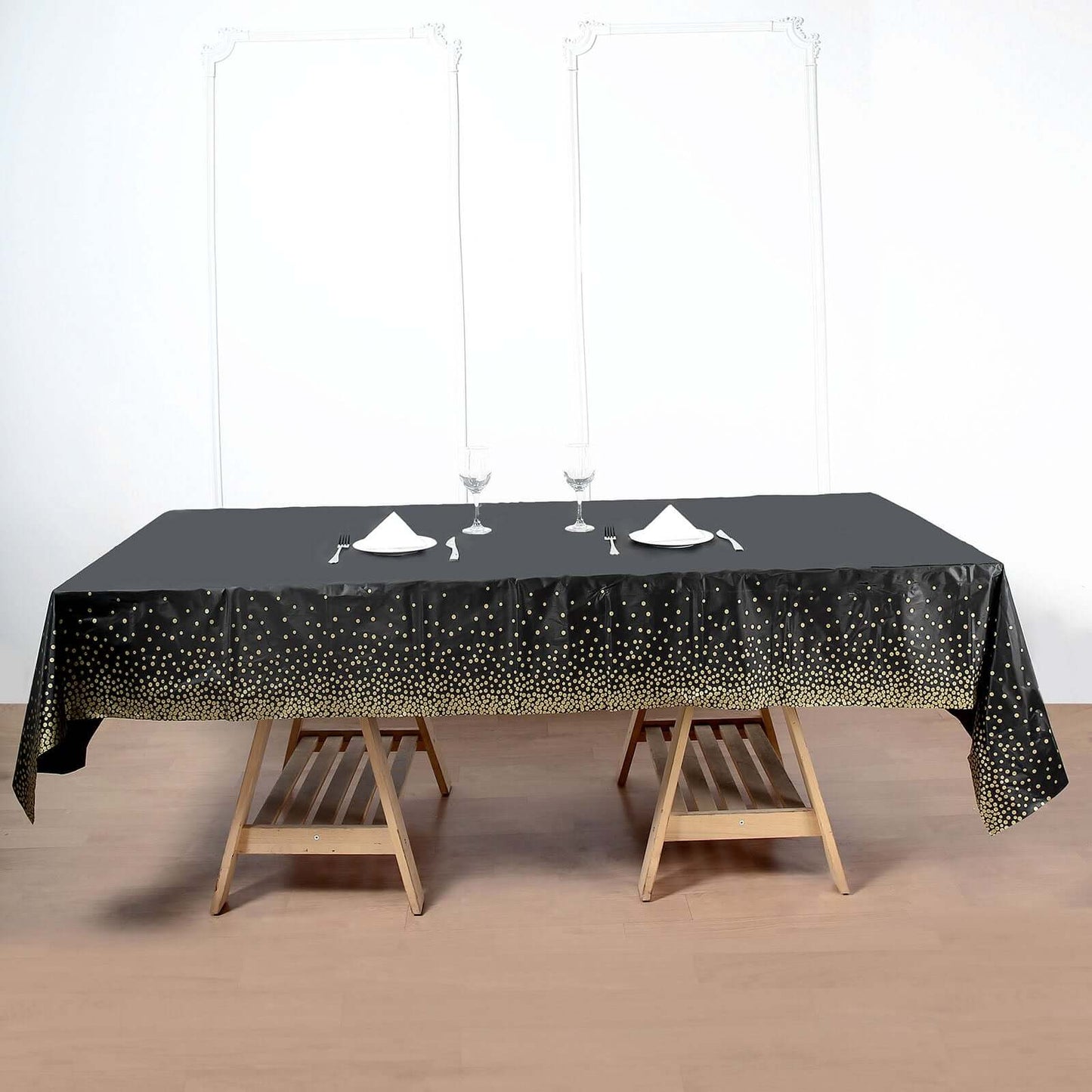 5-Pack Plastic Table Covers Black Rectangle with Gold Confetti Dots - Durable PVC Disposable Tablecloths for Events 54"x108"