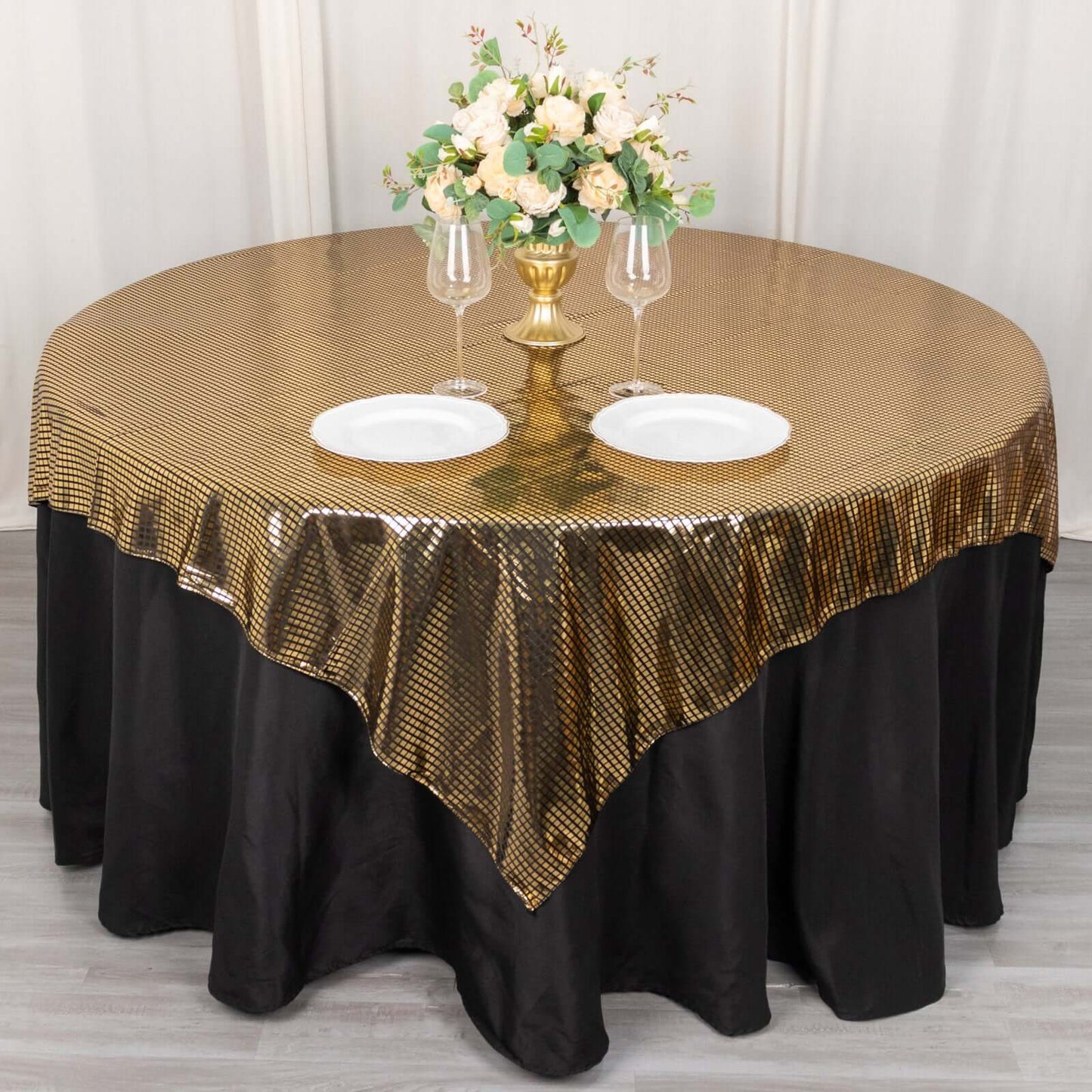 Polyester 72"x72" Table Overlay Square Tablecloth Black - Gold Foil Disco Mirror Ball Design for Stylish Celebrations