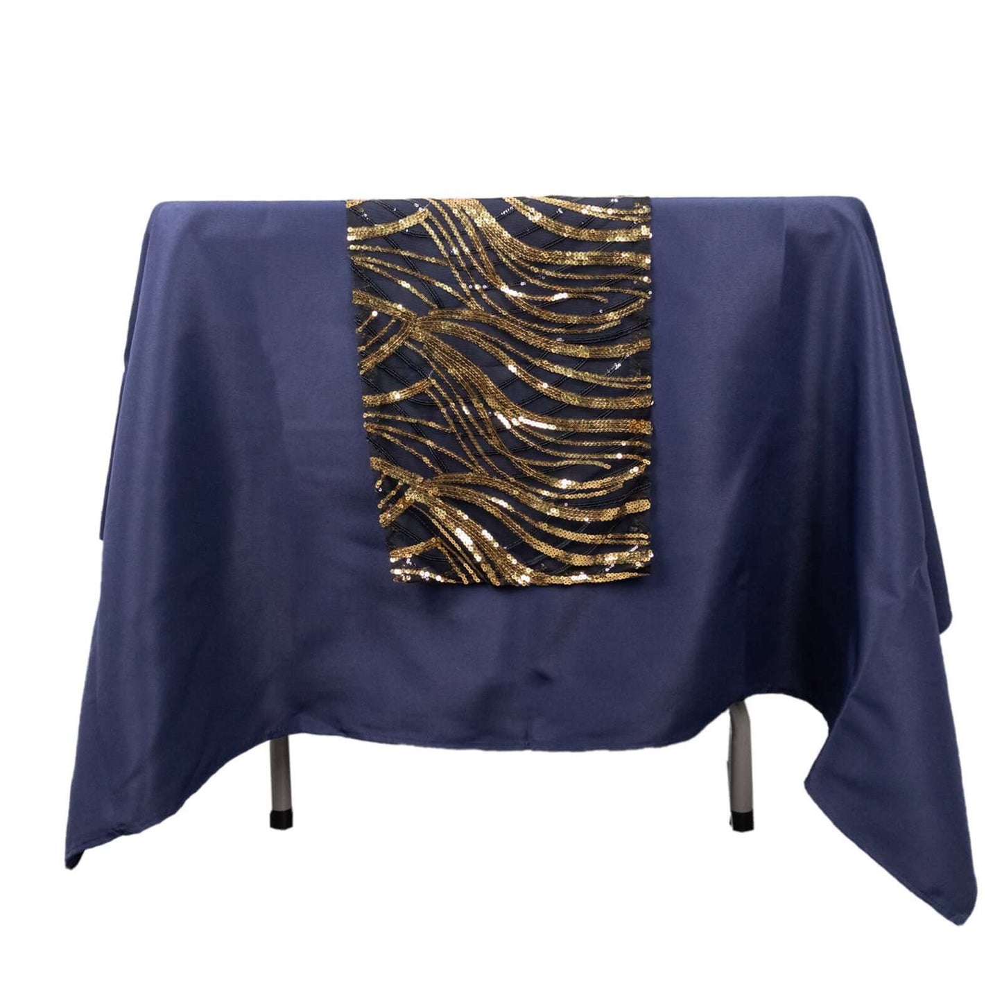 Sequin Mesh 12"x108" Table Runner Black Gold Stylish Wave Embroidery