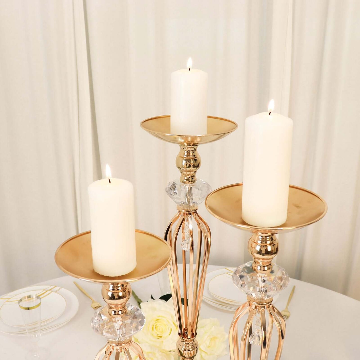 Set of 3 Metal Pedestal Stands with Crystal Ball Flower Bowl Design Gold - Pillar Candle Holders 20", 23", 25"