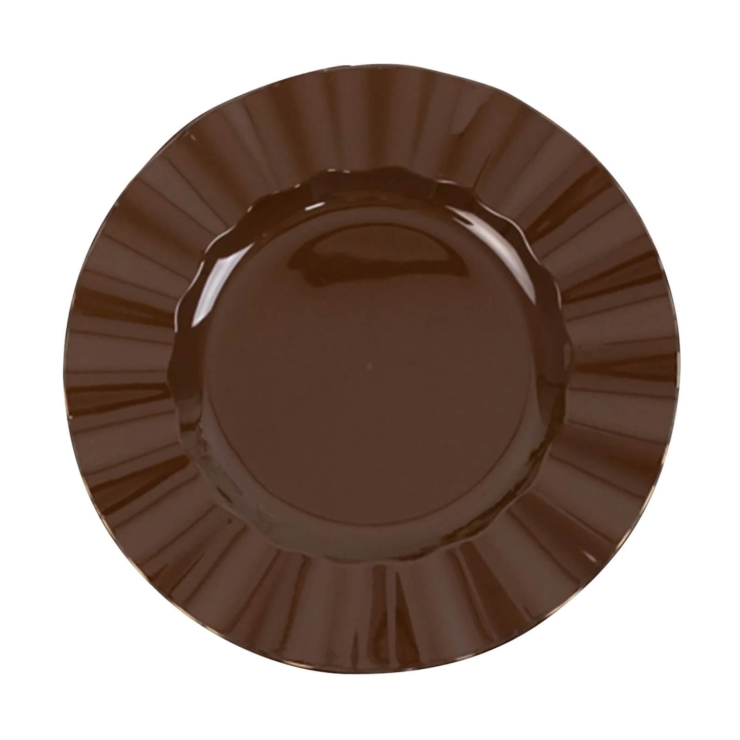 10-Pack Plastic 9" Round Dinner Plates in Cinnamon Brown Ruffled Rim with Gold Edging - Sturdy Disposable Dinnerware