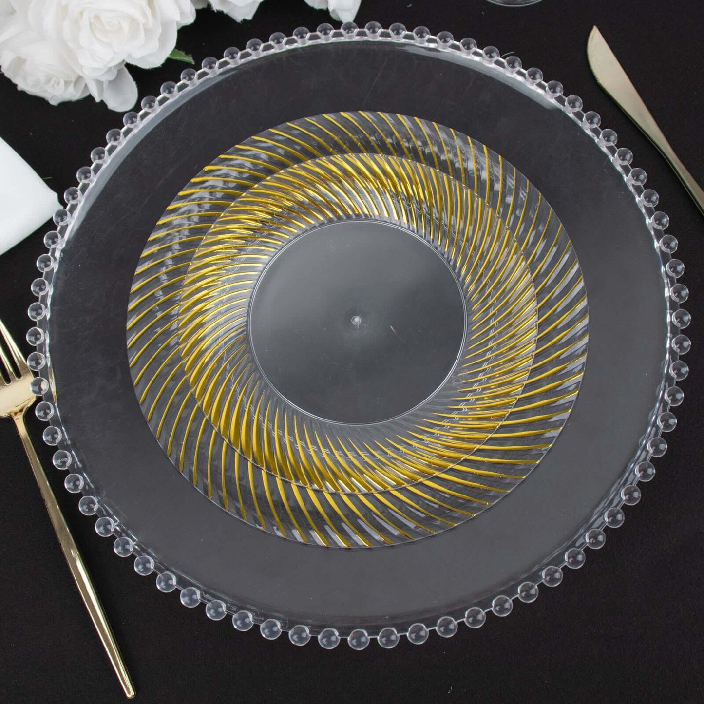 10-Pack Plastic 9" Round Dinner Plates Clear with Gold Swirl Rim - Disposable Party Plates for Classy Events & Banquets