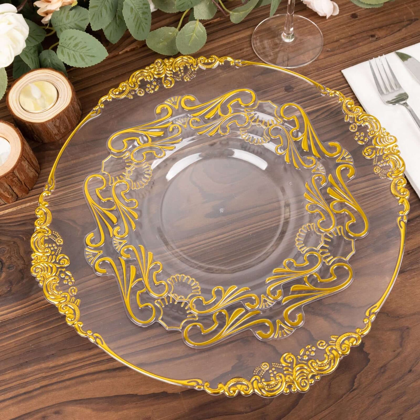 10-Pack Plastic 8" Round Dessert Plates in Clear with Gold Vintage Baroque Scalloped Rim - European Style Disposable Salad Appetizer Plates