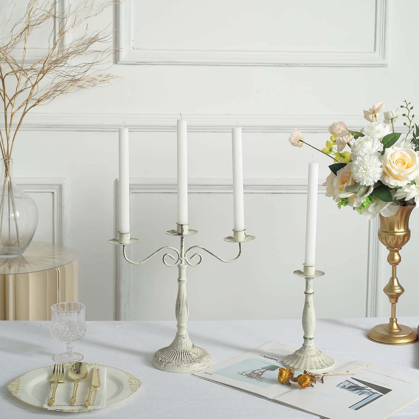 5-Pack Taper Candles Ribbed Wick Ribbon Wax Design White - Premium Unscented Dinner Candles 9"