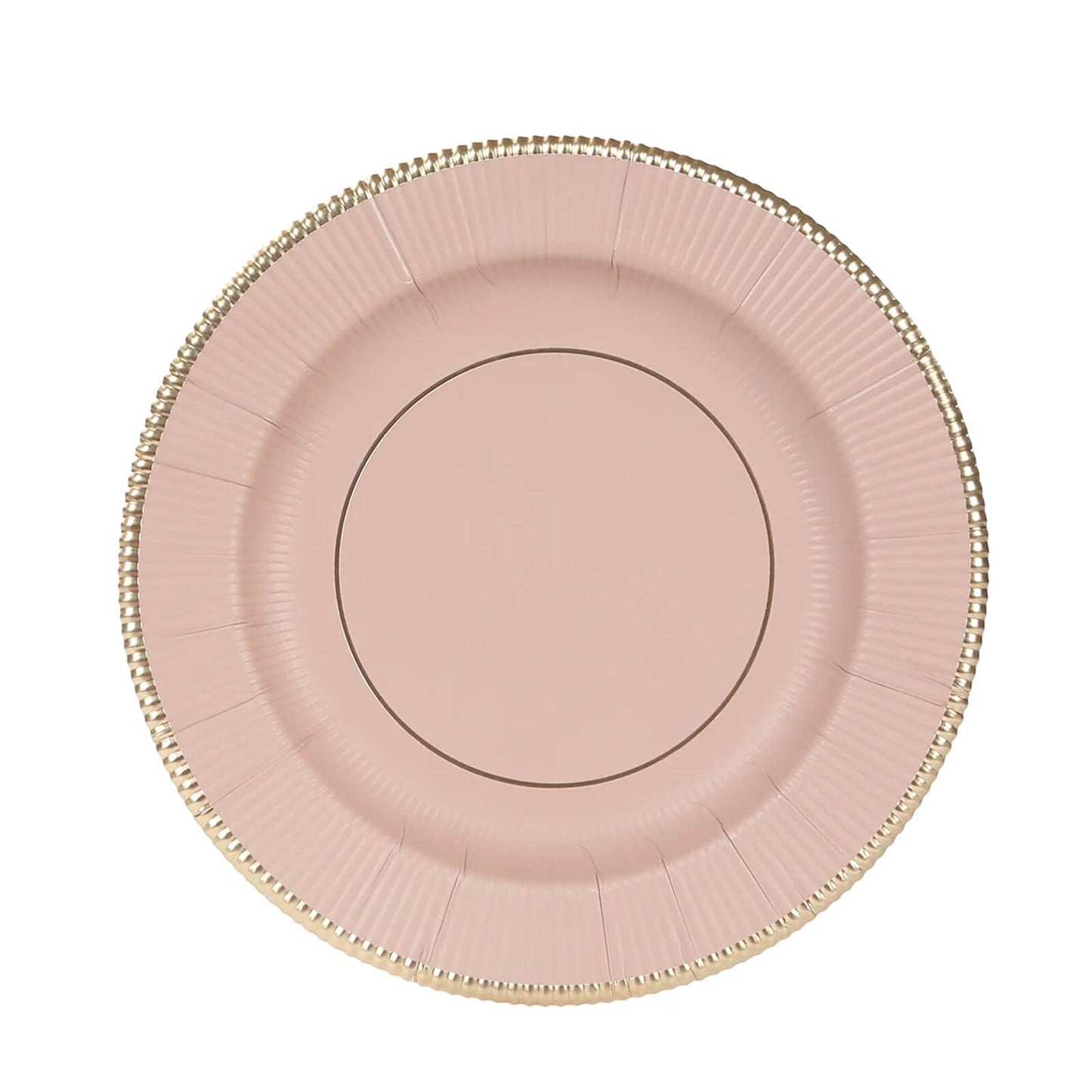 25-Pack Paper 8" Round Dessert Plates in Dusty Rose Sunray Design with Gold Rim - Disposable Heavy Duty 350GSM Appetizer Salad Plates