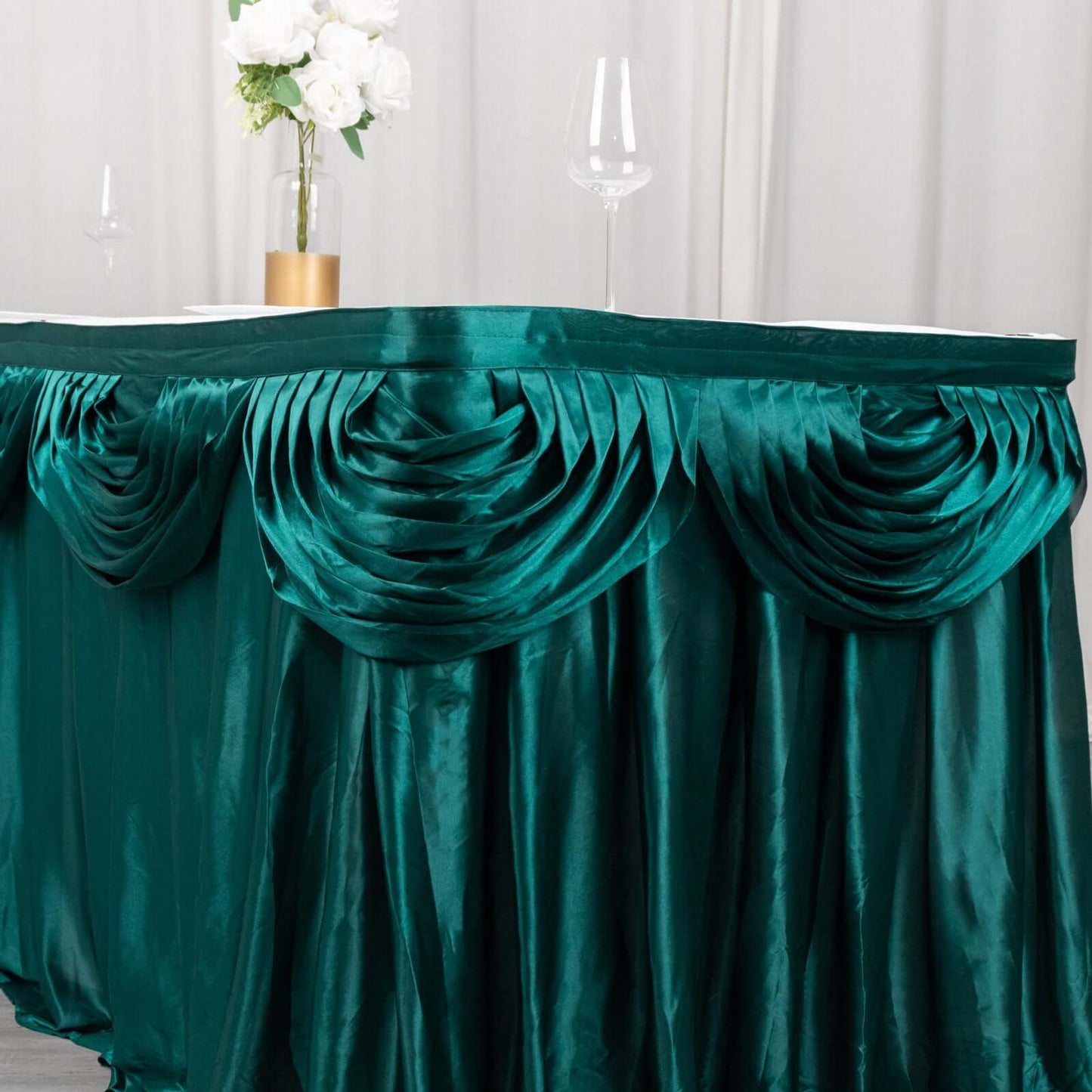 Satin 14ft Table Skirt Peacock Teal - Pleated Double Drape Table Cover