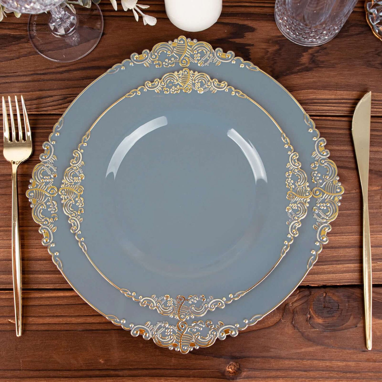 10-Pack Plastic 8" Round Dessert Plates in Dusty Blue with Gold Leaf Embossed Rim - Disposable Vintage Baroque Style Salad Plates