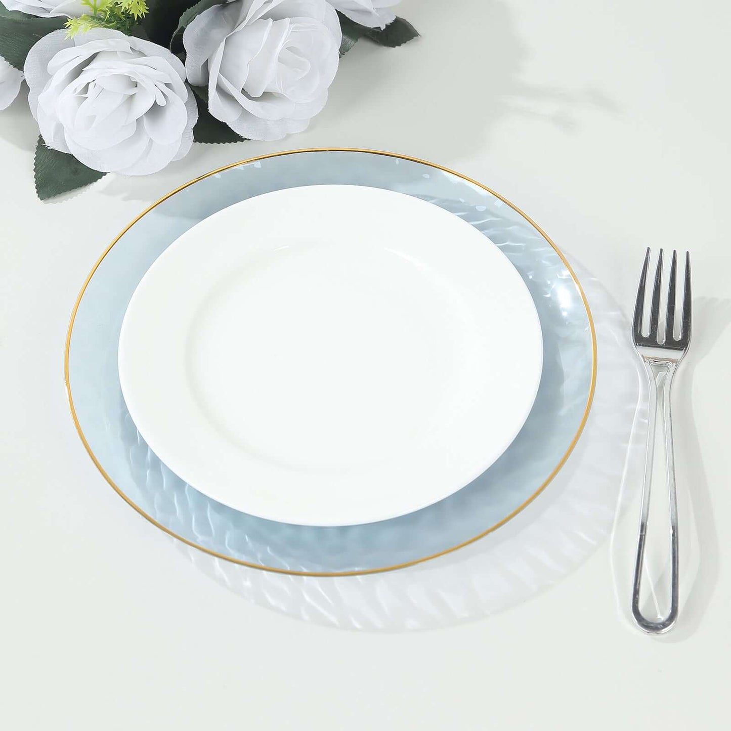 10-Pack Plastic 9" Round Dinner Plates in Transparent Dusty Blue Hammered Design with Gold Rim - Modern Disposable Party Plates