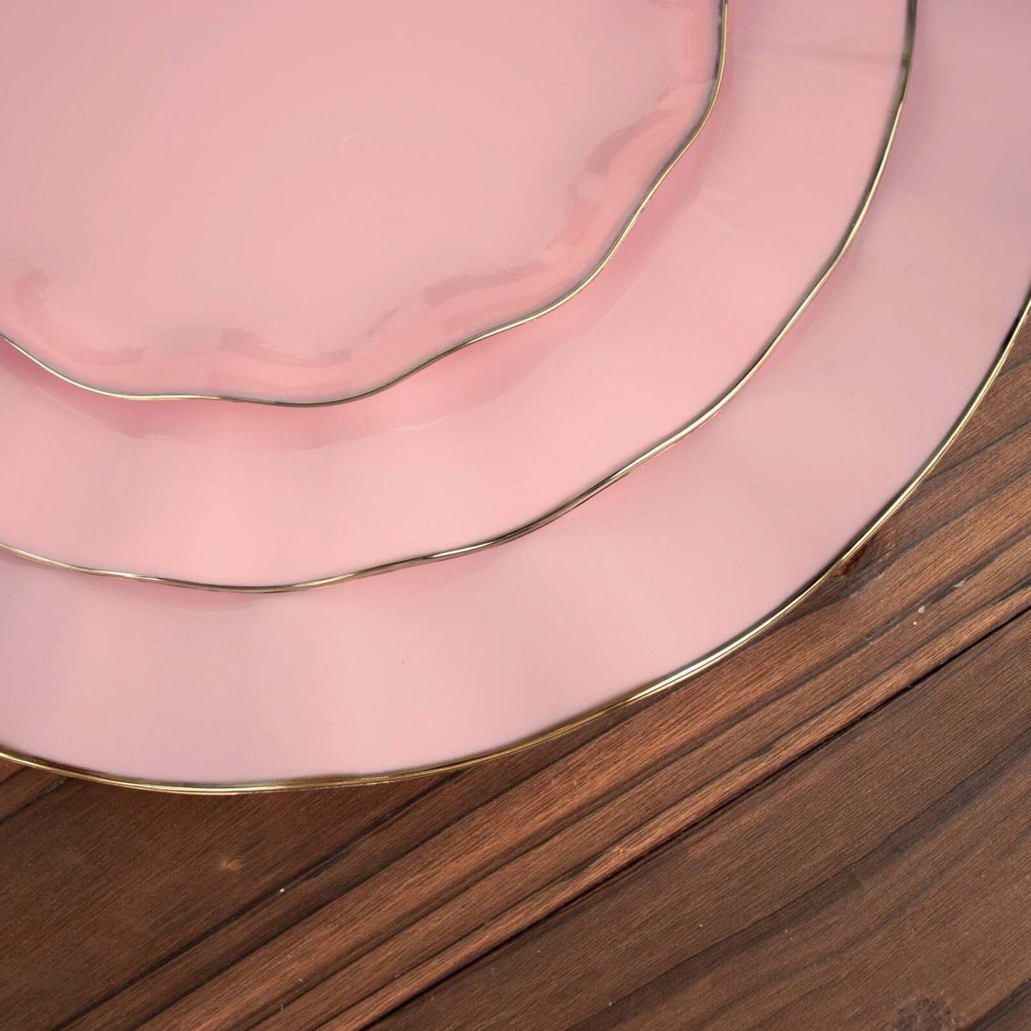 10-Pack Plastic 11" Round Dinner Plates in Dusty Rose Ruffled Rim with Gold Edging - Sturdy Disposable Dinnerware