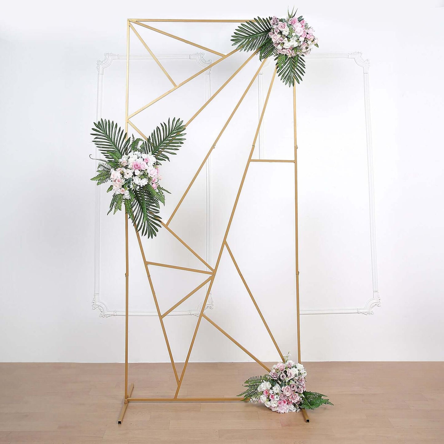 7ft Tall Gold Metal Rectangular Geometric Flower Frame Prop Stand, Wedding Backdrop Floor Stand With Cloudy Film Insert