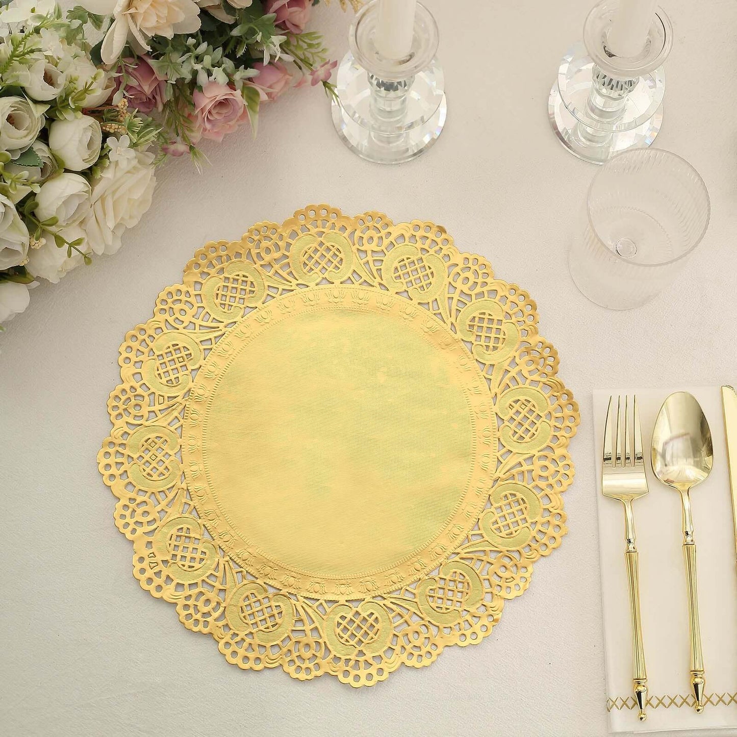 50 Pcs Paper 12" Round Placemats in Gold - Food Grade Lace Paper Doilies for Dessert Display & Table Decor