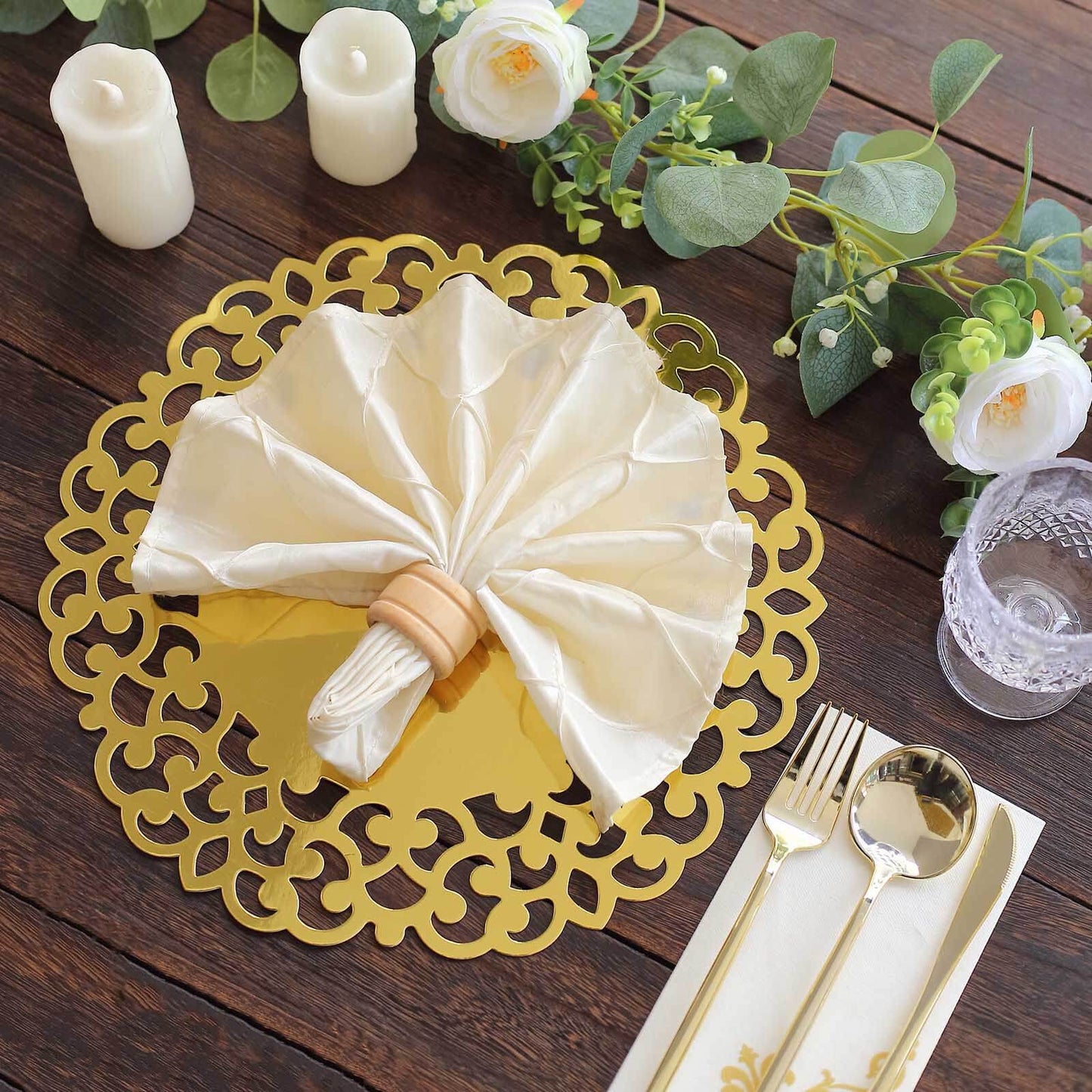 6-Pack Disposable Table Placemats in Metallic Gold with Laser Cut Floral Rim - 400GSM Cardboard Placemats for Glamorous Table Settings 13"