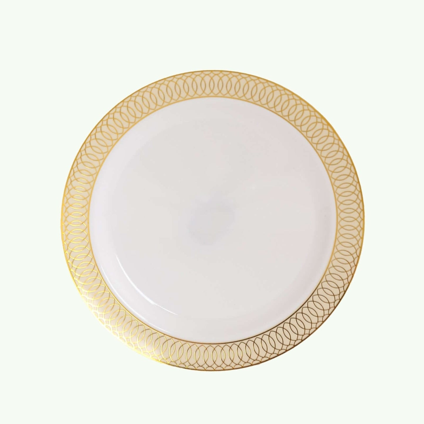 10-Pack Plastic Round Dessert Plates 7" White with Beige Gold Spiral Rim - Disposable Salad Plates