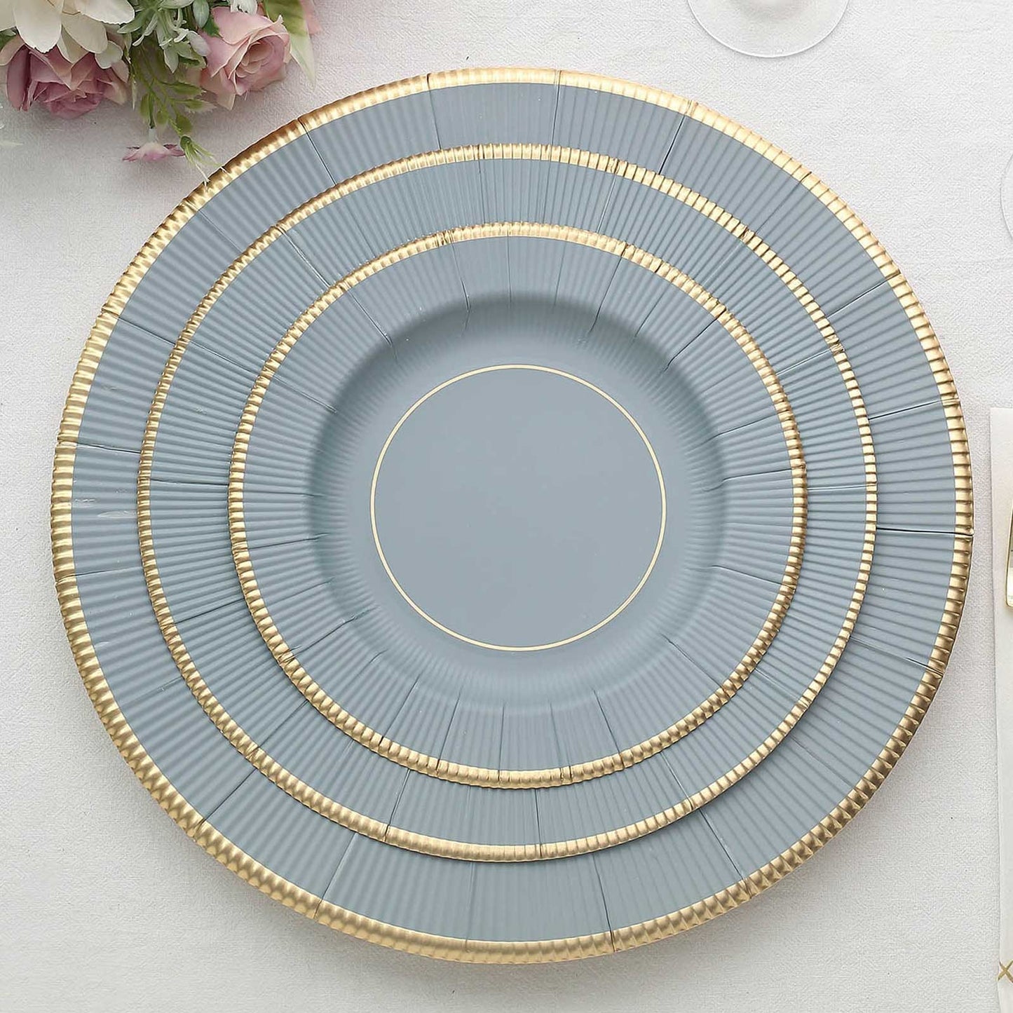 25-Pack Paper 8" Round Dessert Plates in Dusty Blue Sunray Design with Gold Rim - Disposable Heavy Duty 350GSM Appetizer Salad Plates