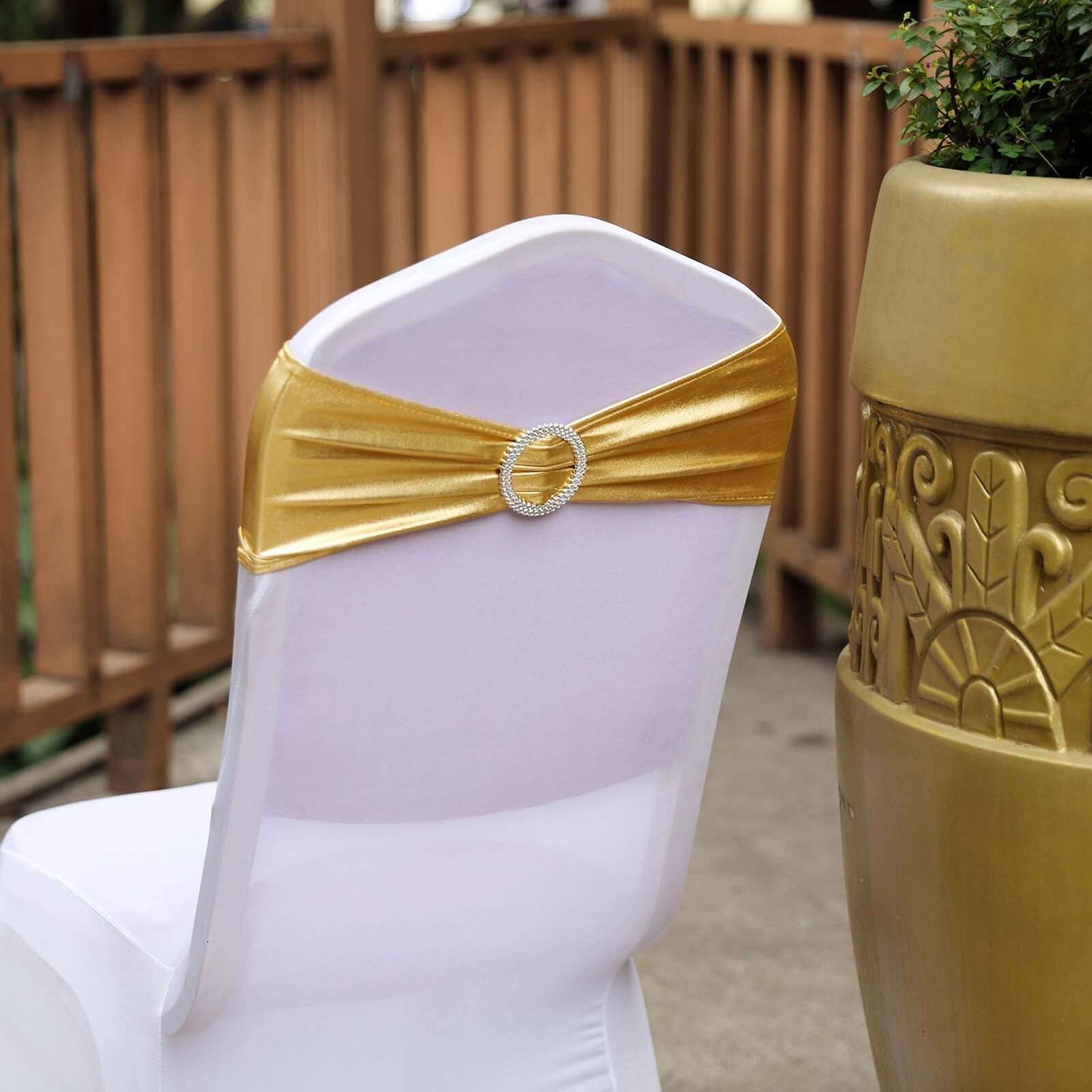 5 Pack Metallic Spandex Chair Sashes Gold - Stretch Fit Chair Bands With Round Diamond Buckles for Glamorous Event Decor