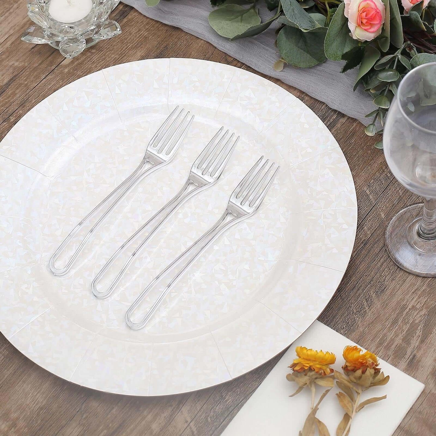 24-Pack Plastic Forks with Modern Hollow Handle Design Silver - Stylish Disposable Utensils 7"