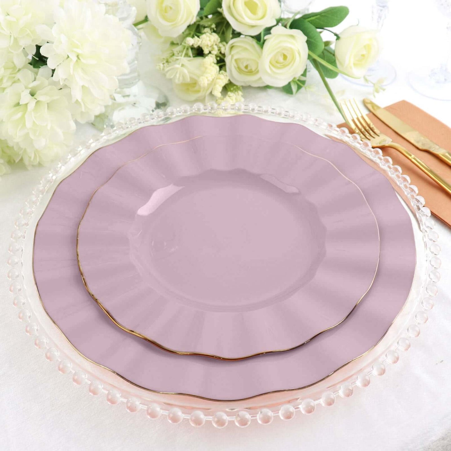 10-Pack Plastic 11" Round Dinner Plates in Lavender Lilac Ruffled Rim with Gold Edging - Sturdy Disposable Dinnerware
