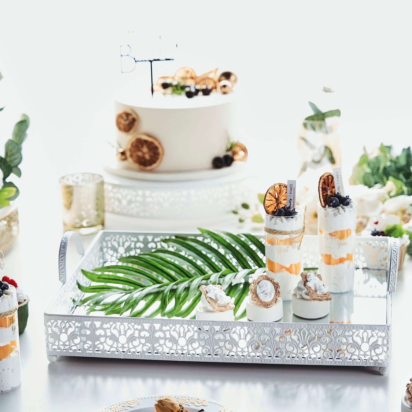 Metal Mirrored Rectangle Serving Tray 16"x12" in White Fleur De Lis Design with Handles, French Inspired Decorative Vanity Tray Centerpiece