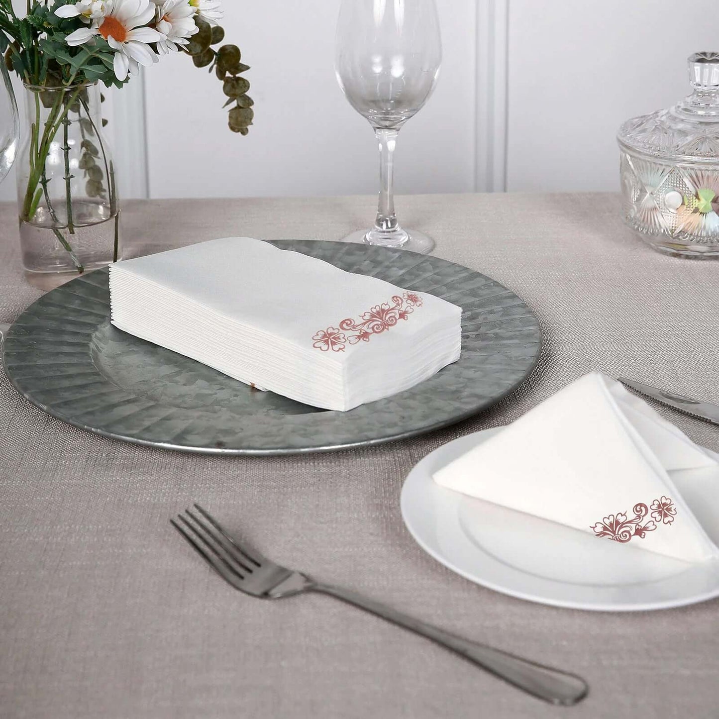 20 Pack White Linen-Feel Dinner Paper Napkins with Rose Gold Floral Print, Premium Cloth-Like Airlaid Disposable Napkins, Soft and Absorbent Guest Towels