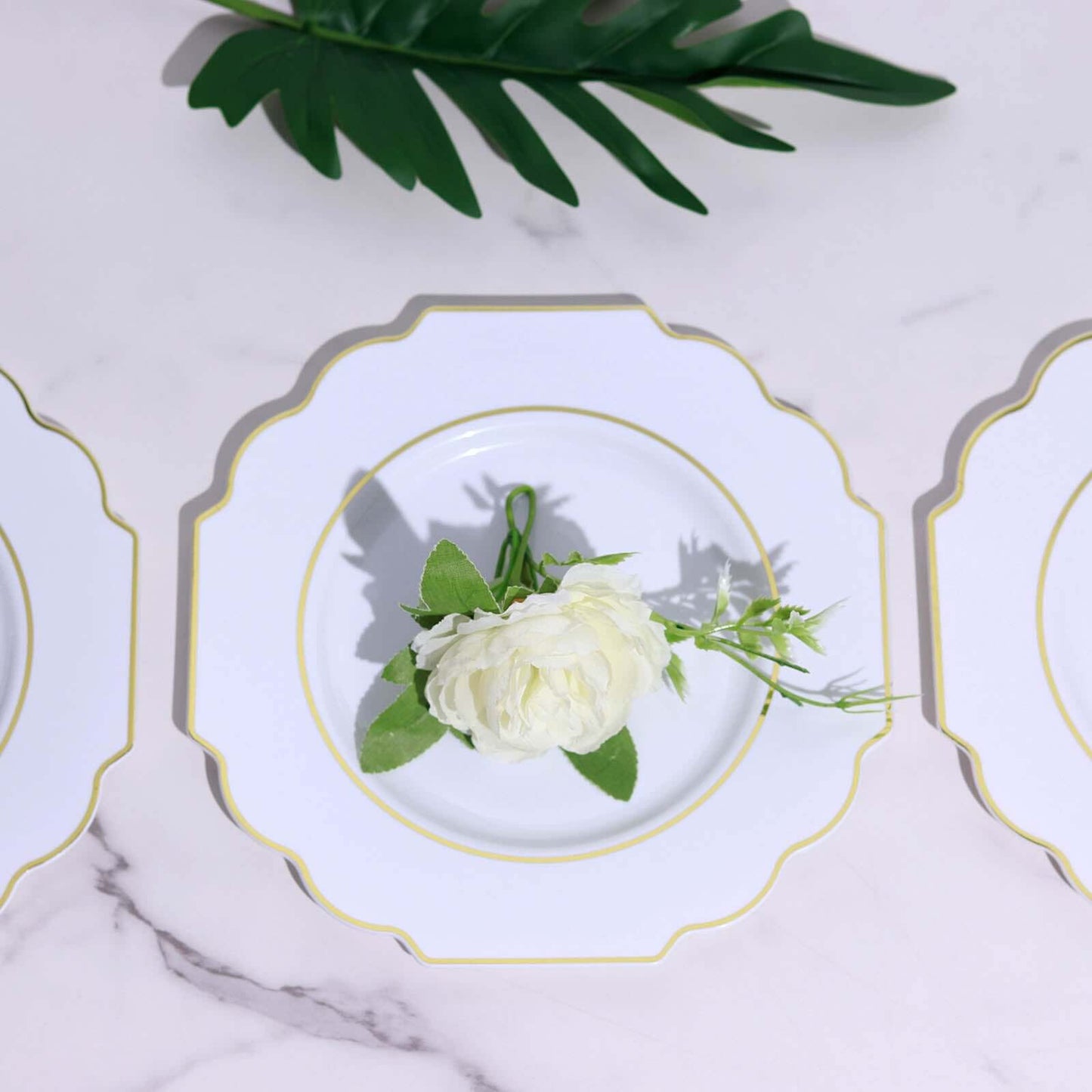 10-Pack Plastic Dessert Appetizer Plates in White Baroque Design with Scalloped Gold Rim - Heavy Duty Disposable Salad Plates for Formal Events & Banquets 8"