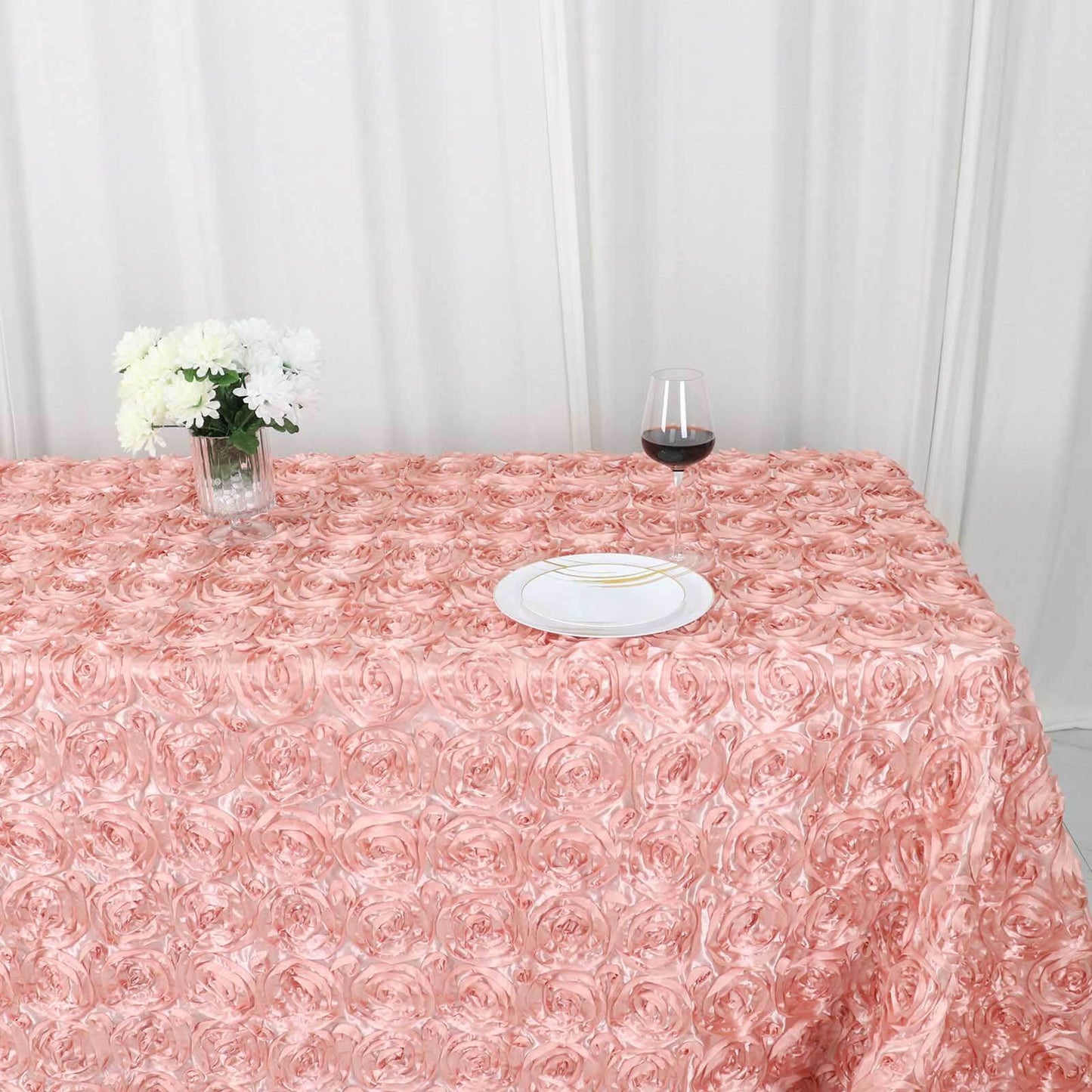 Satin 90"x132" Rectangle Tablecloth Dusty Rose - Grandiose 3D Rosette Seamless Table Cover