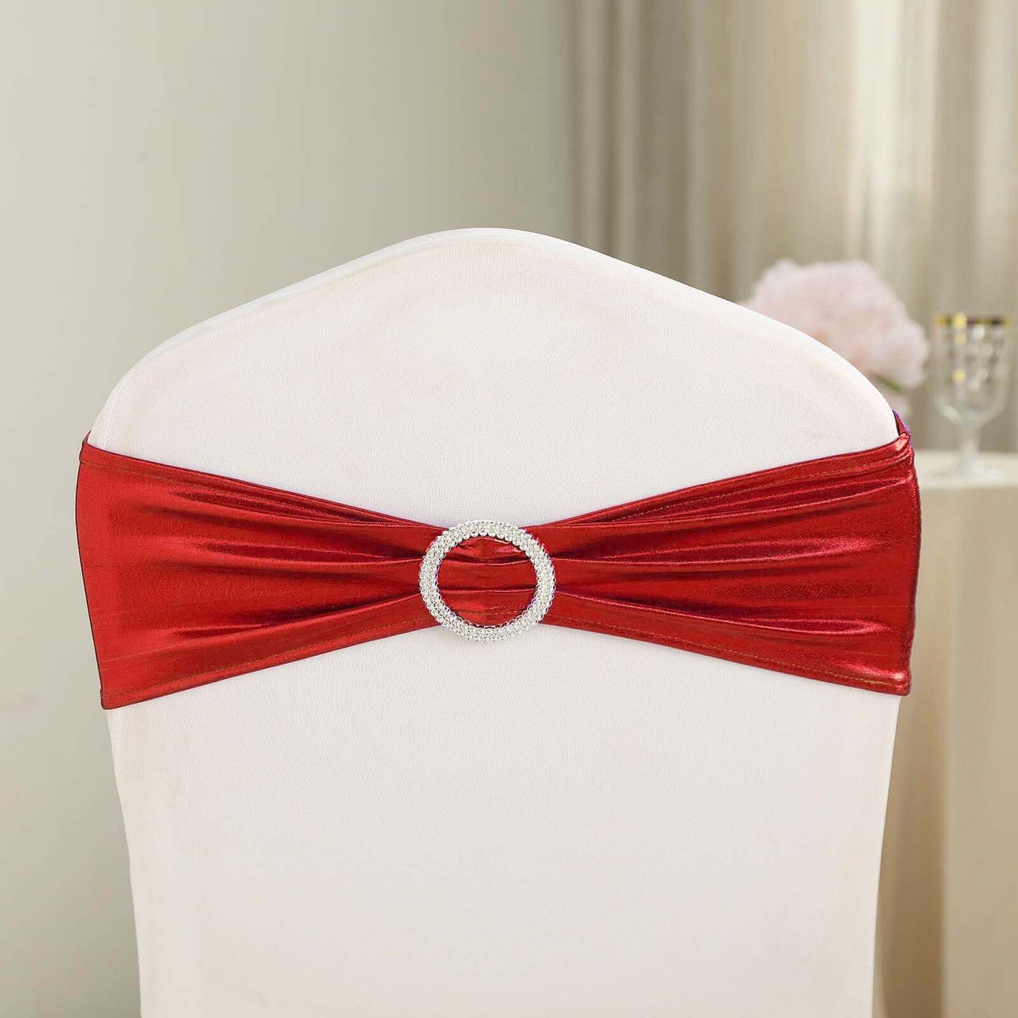 5 Pack Metallic Spandex Chair Sashes Red - Stretch Fit Chair Bands With Round Diamond Buckles