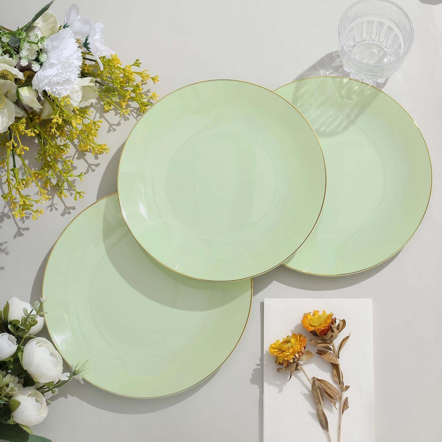 10-Pack Plastic 8" Round Dessert Plates in Sage Green with Gold Rim - Glossy Disposable Appetizer Salad Plates