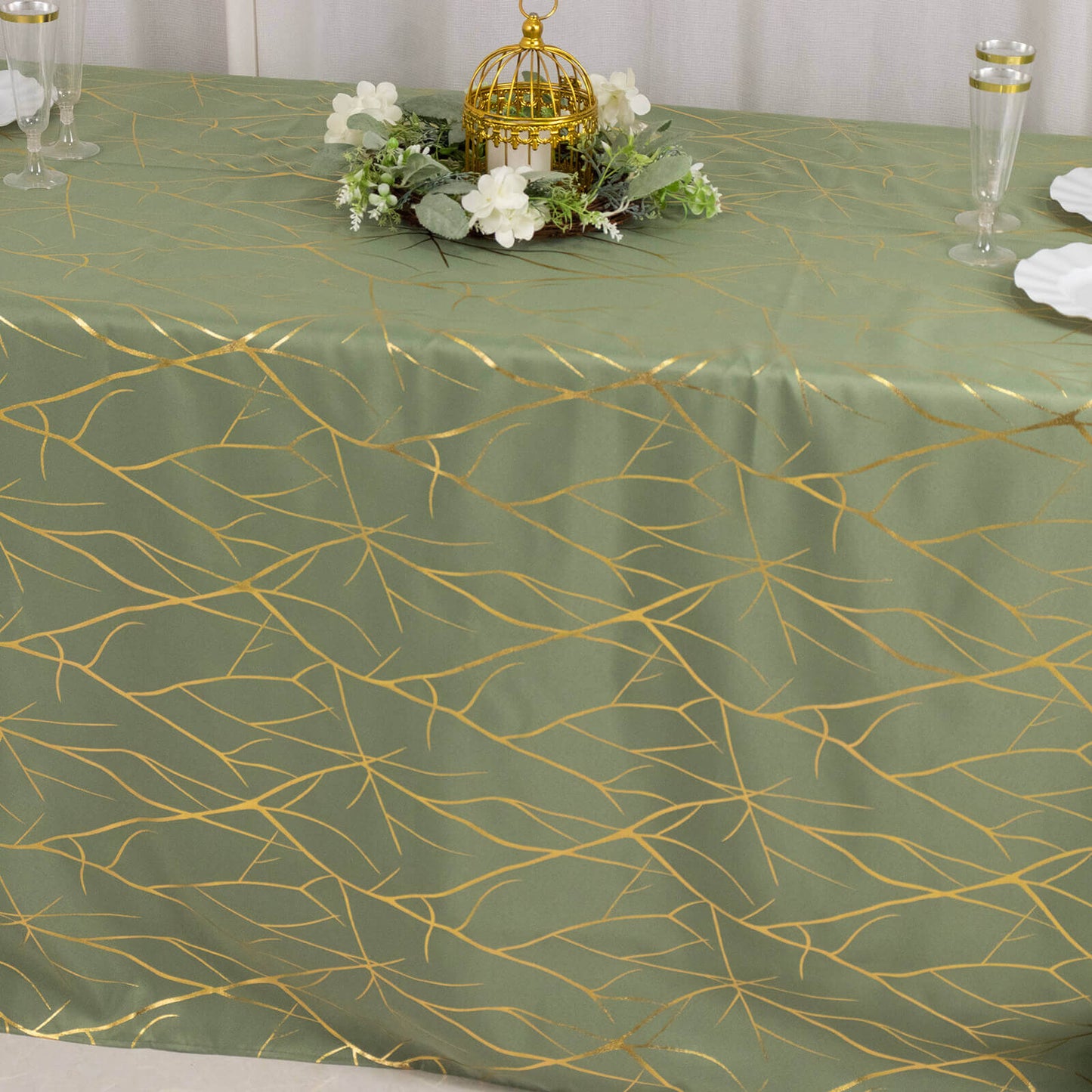 Polyester 90"x132" Rectangle Tablecloth Dusty Sage Green with Gold Foil Tree Branch Pattern - Wrinkle-Resistant Seamless Table Cover