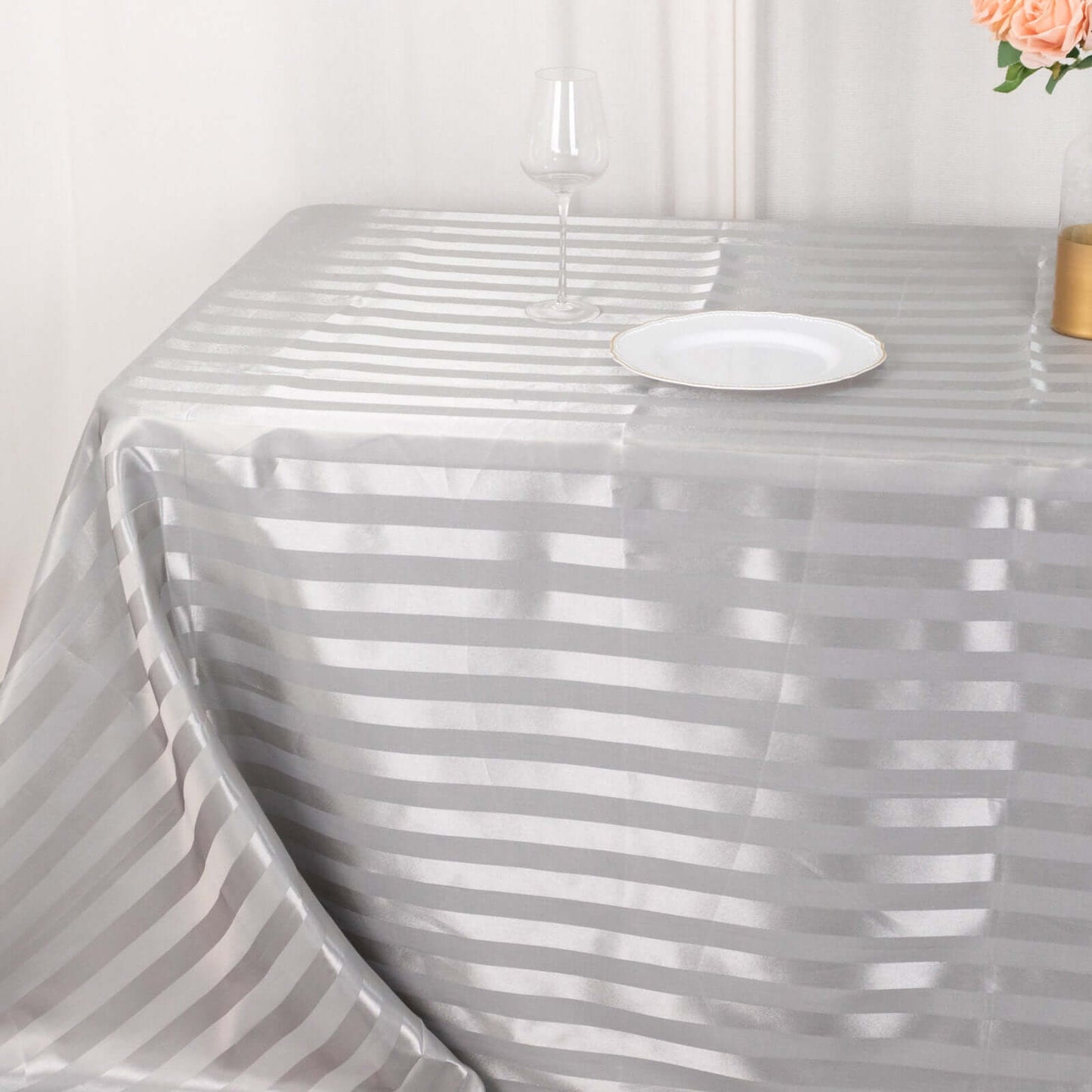 Satin Striped 90"x132" Rectangular Tablecloth Silver - Seamless Silky Smooth Table Cover