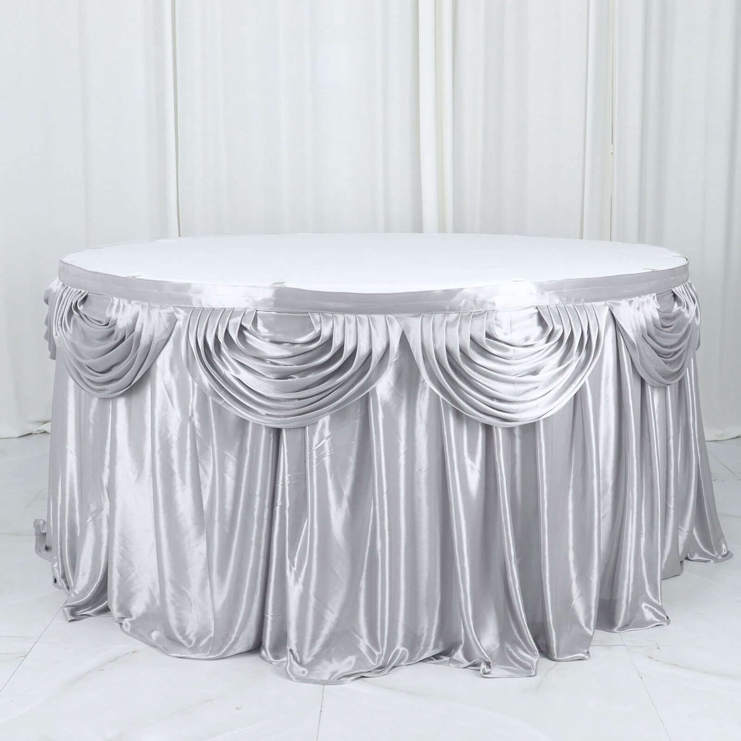 Satin 14ft Table Skirt Silver - Pleated Double Drape Table Cover