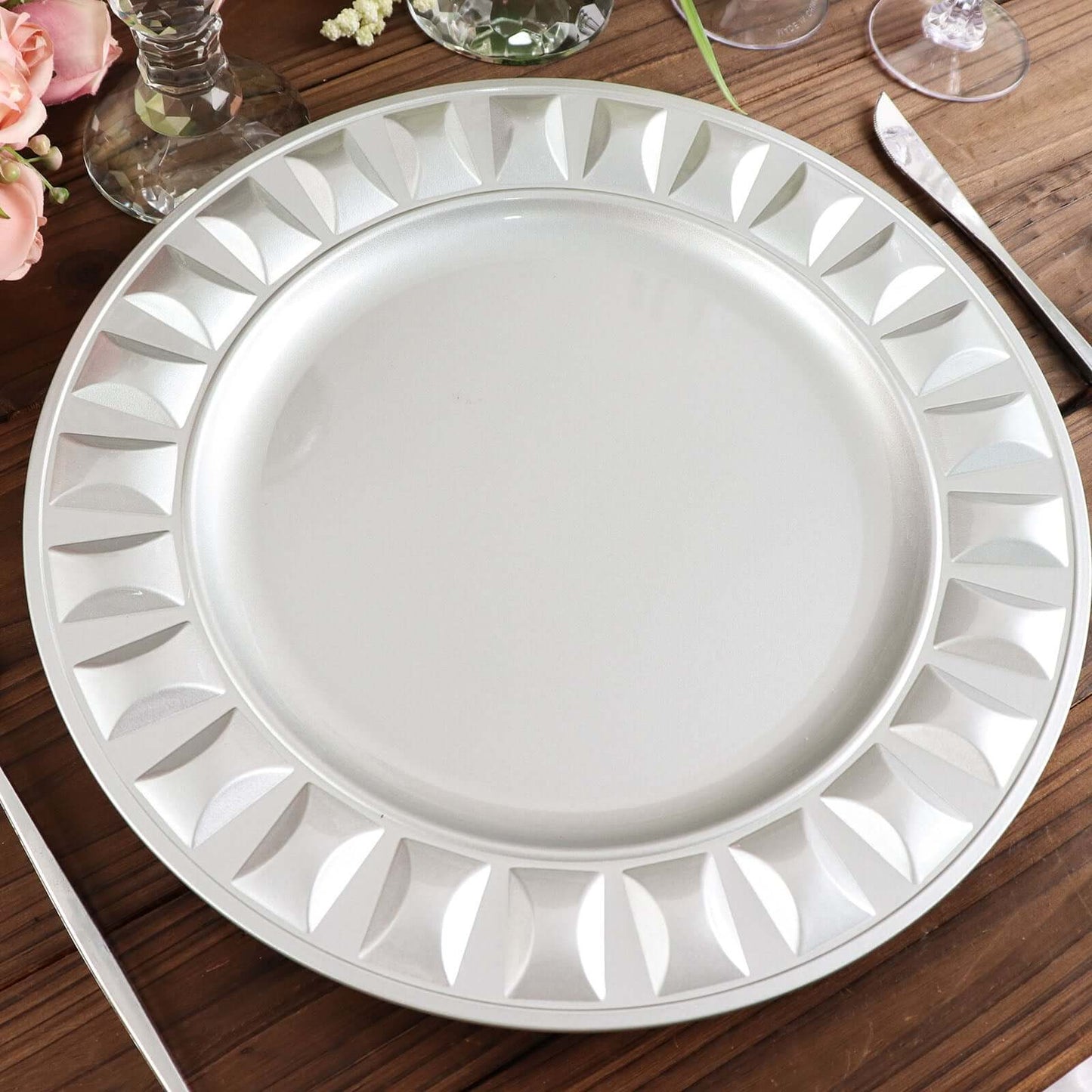 6-Pack Plastic Round Charger Plates 13" in Silver with Bejeweled Rim, Luxe Decorative Dinner Party Charger Tableware