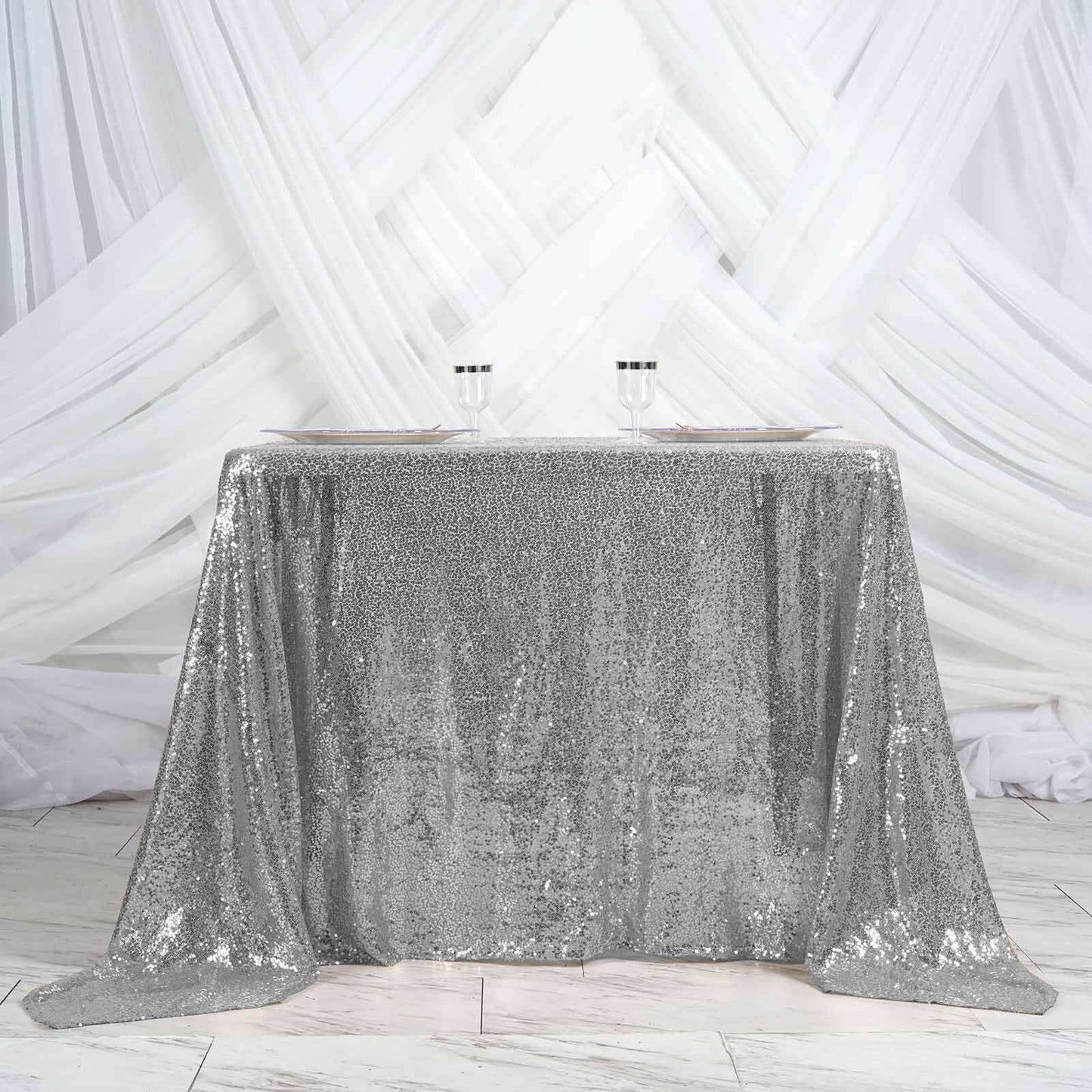 Sequin 90"x90" Table Overlay Square Tablecloth Silver - Sparkly Table Cover