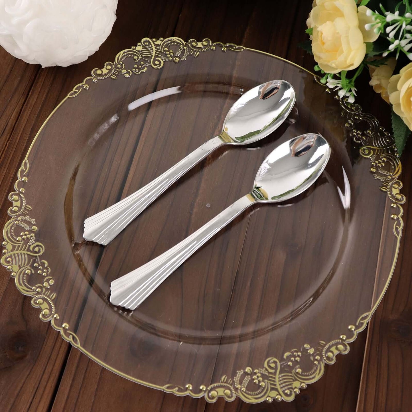 25-Pack Plastic Spoons Silver Heavy Duty with Fluted Handles - Reliable Disposable Cutlery 7"